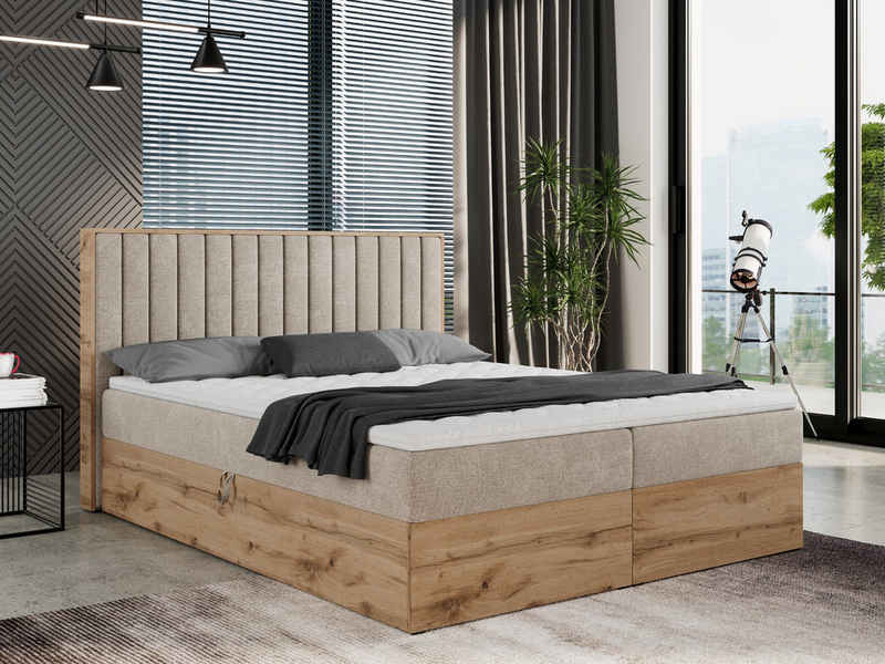 MKS MÖBEL Boxspringbett ALBERO 4, mit Bettkasten, Doppelbett mit Kopfstütze, Eiche Holzrahmen, Matratze