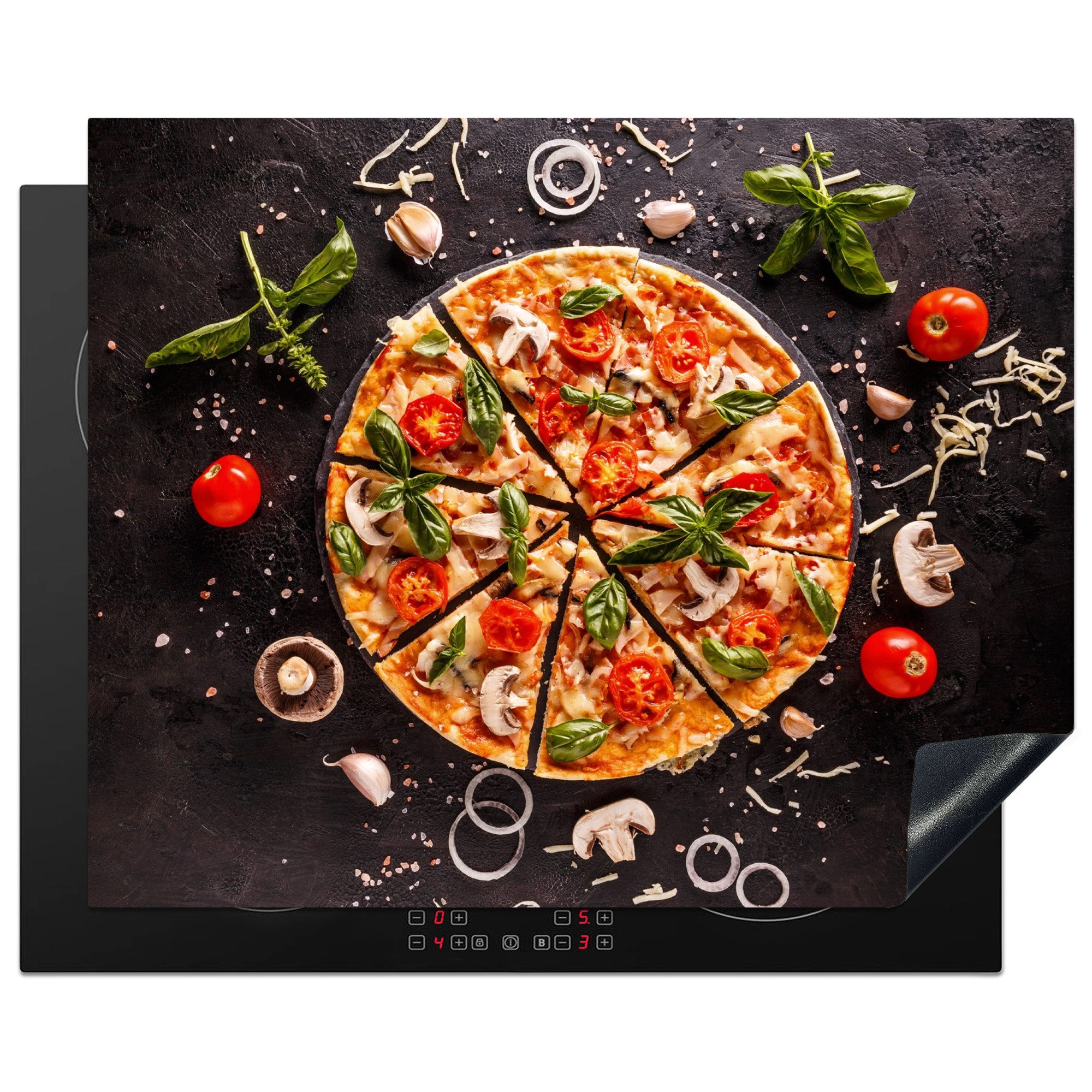 MuchoWow Herd-Abdeckplatte Pizza - Gemüse - Kräuter - Küche - Industrie, Vinyl, (1 tlg), Herdabdeckplatten für Ceranfeld, Induktionsschutz, 65x55 cm