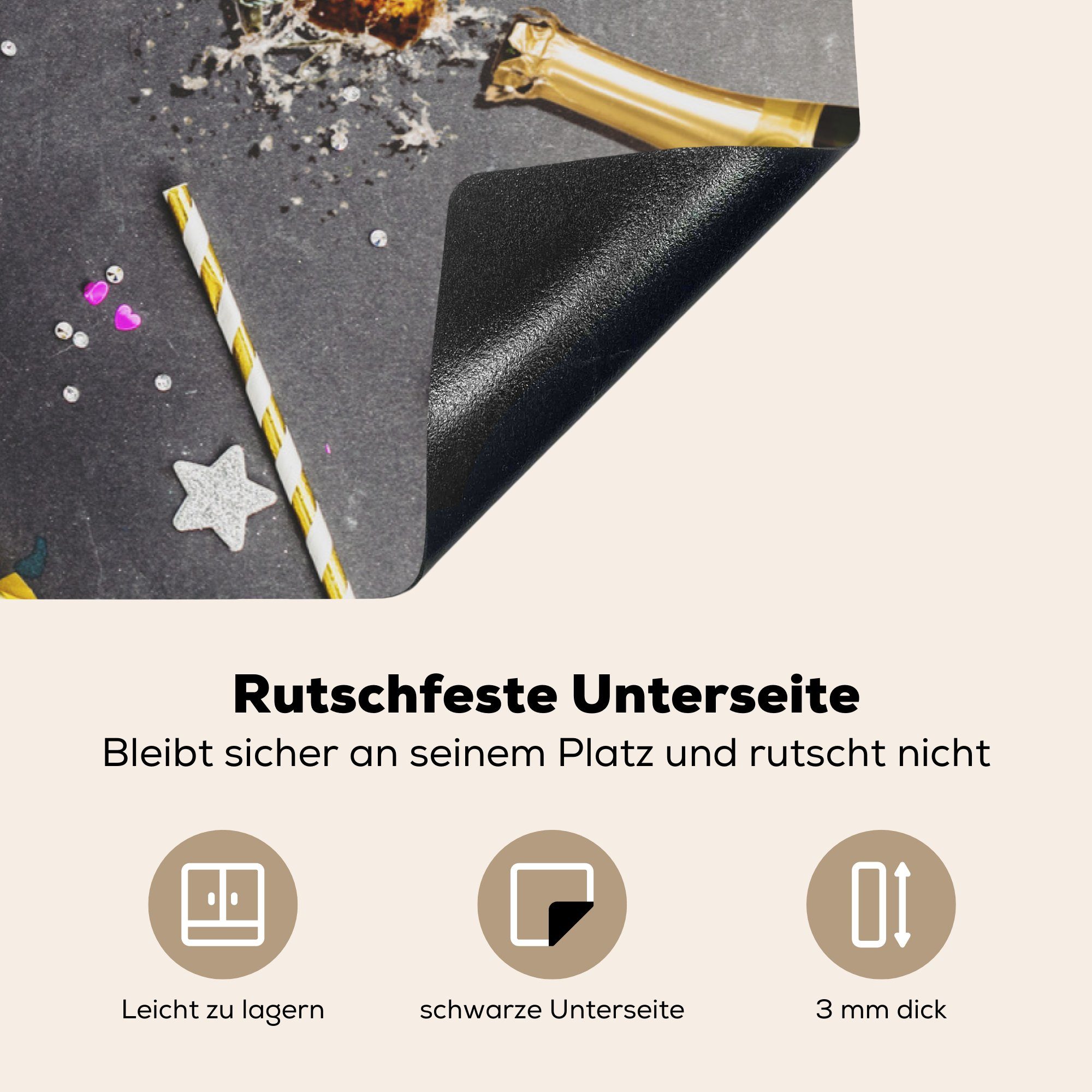 Schutz küche, cm, Vinyl, 81x52 Herdblende-/Abdeckplatte Frohes (1 neues mit Induktionskochfeld Jahr tlg), Ceranfeldabdeckung MuchoWow Champagner, die für