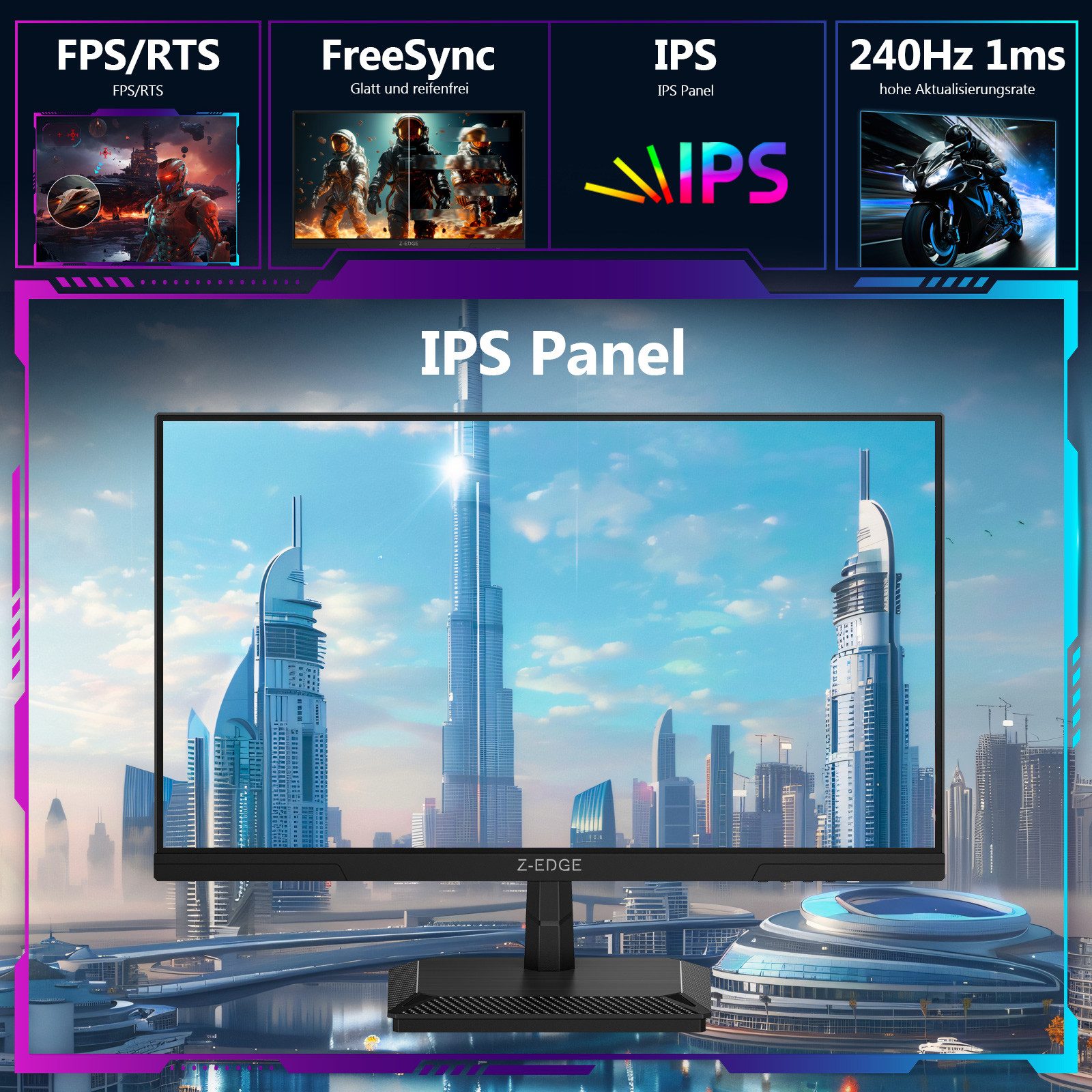 Z-EDGE LED 24.5” 240Hz IPS HDR 350cd/m² 1080P 1ms 16:9 Gaming-Monitor (1920x1080 px, FHD, 1 ms Reaktionszeit, 240 Hz, IPS)