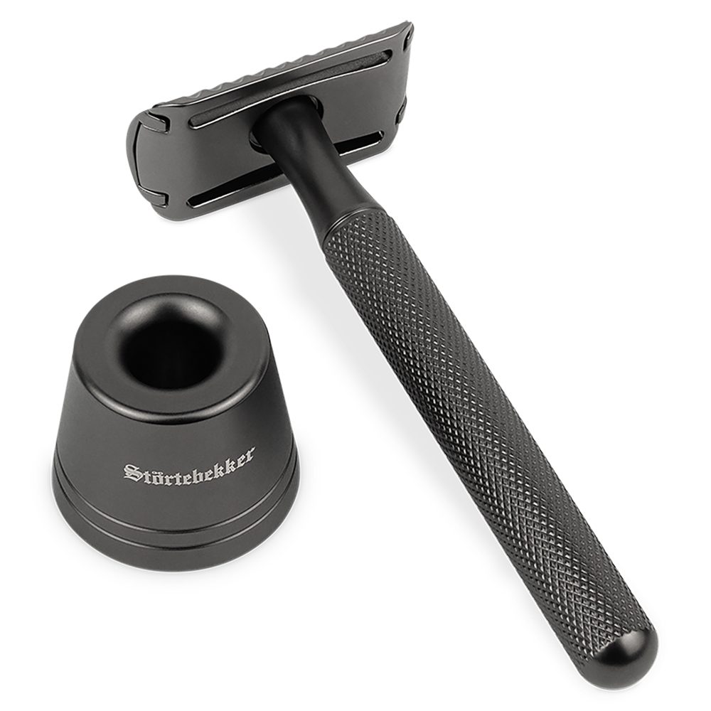 Störtebekker Rasierhobel Set 'Oslo' inkl. Rasierständer in matter Optik und 10 Klingen, Rutschfester Griff. Matt polierte Edelstahl-Optik. Rasier-Set