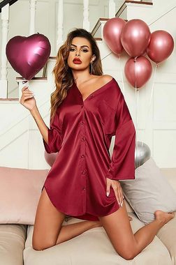 RUZU UG Nachthemd Satin Nachthemd Damen, Nachtkleid Kurz 3/4 Ärmel Sleepwear mit Knöpfen