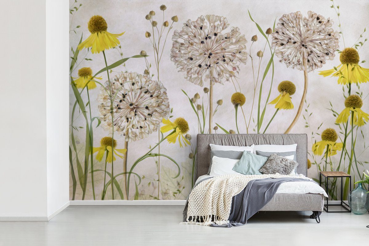 Stillleben Wallpaper für Wohnzimmer, Fototapete Vinyl Ölfarbe, - Blumen Kinderzimmer, (6 Schlafzimmer, bedruckt, Matt, MuchoWow - Tapete St),