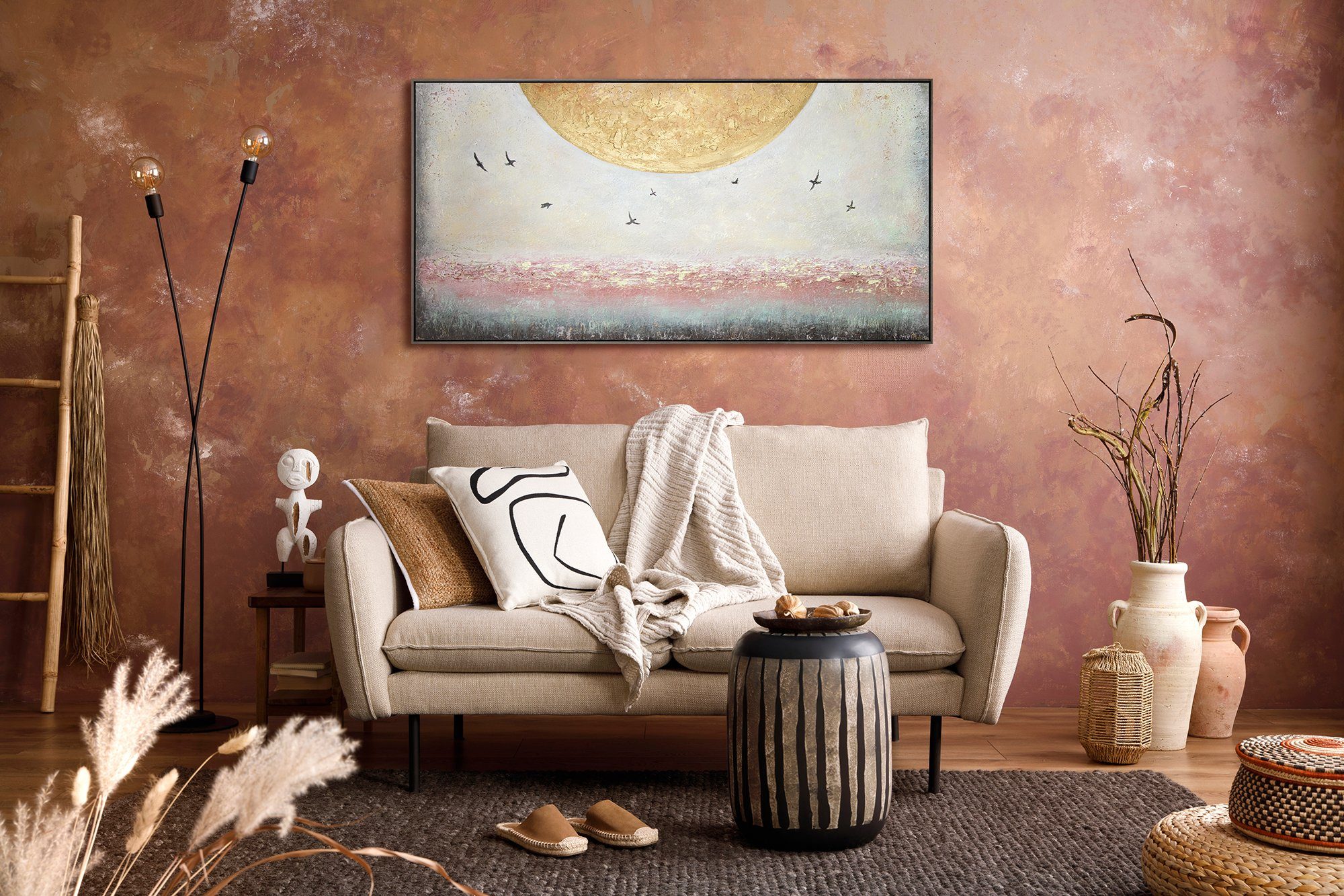 YS-Art Gemälde Sonnenenergie, Landschaft, Süden in Sonne Rahmen Grau Handgemalt Mit Bild Vögel Leinwand Gold