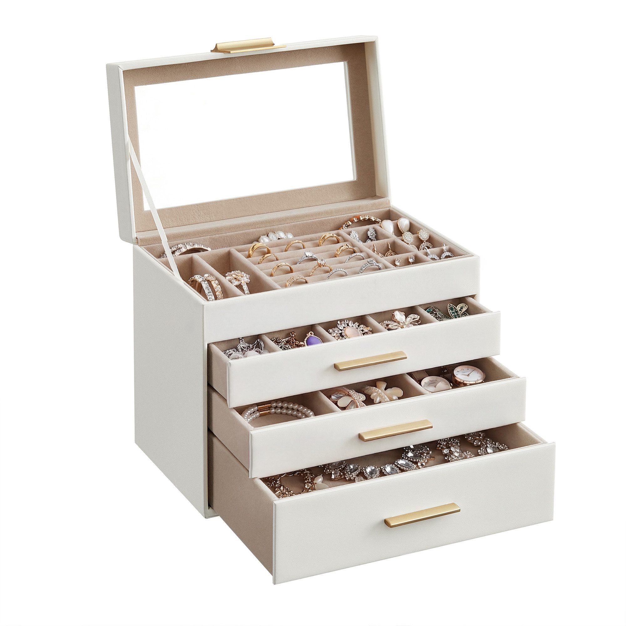 SONGMICS Schmuckkasten, mit 4 Ebenen, Schmuckbox mit Glasdeckel, 3 Schubladen