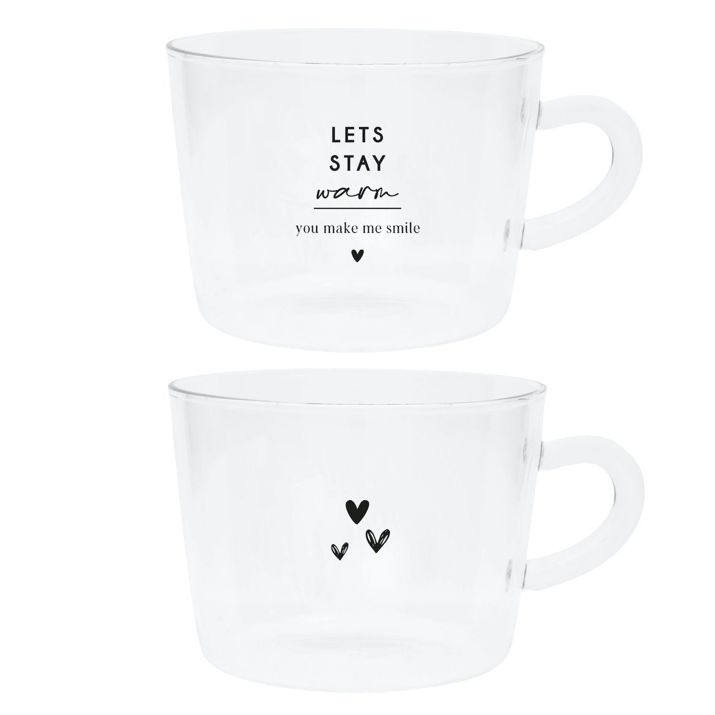 Bastion Collections Teeglas Teeglas-Set Hearts & LETS STAY Glas klar schwarz H7cm (2 Gläser), Glas