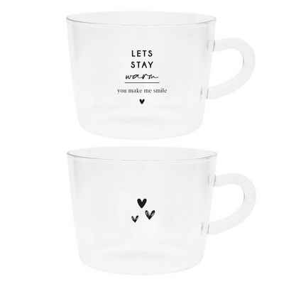 Bastion Collections Teeglas Teeglas-Set Hearts & LETS STAY Glas klar schwarz H7cm (2 Gläser), Glas