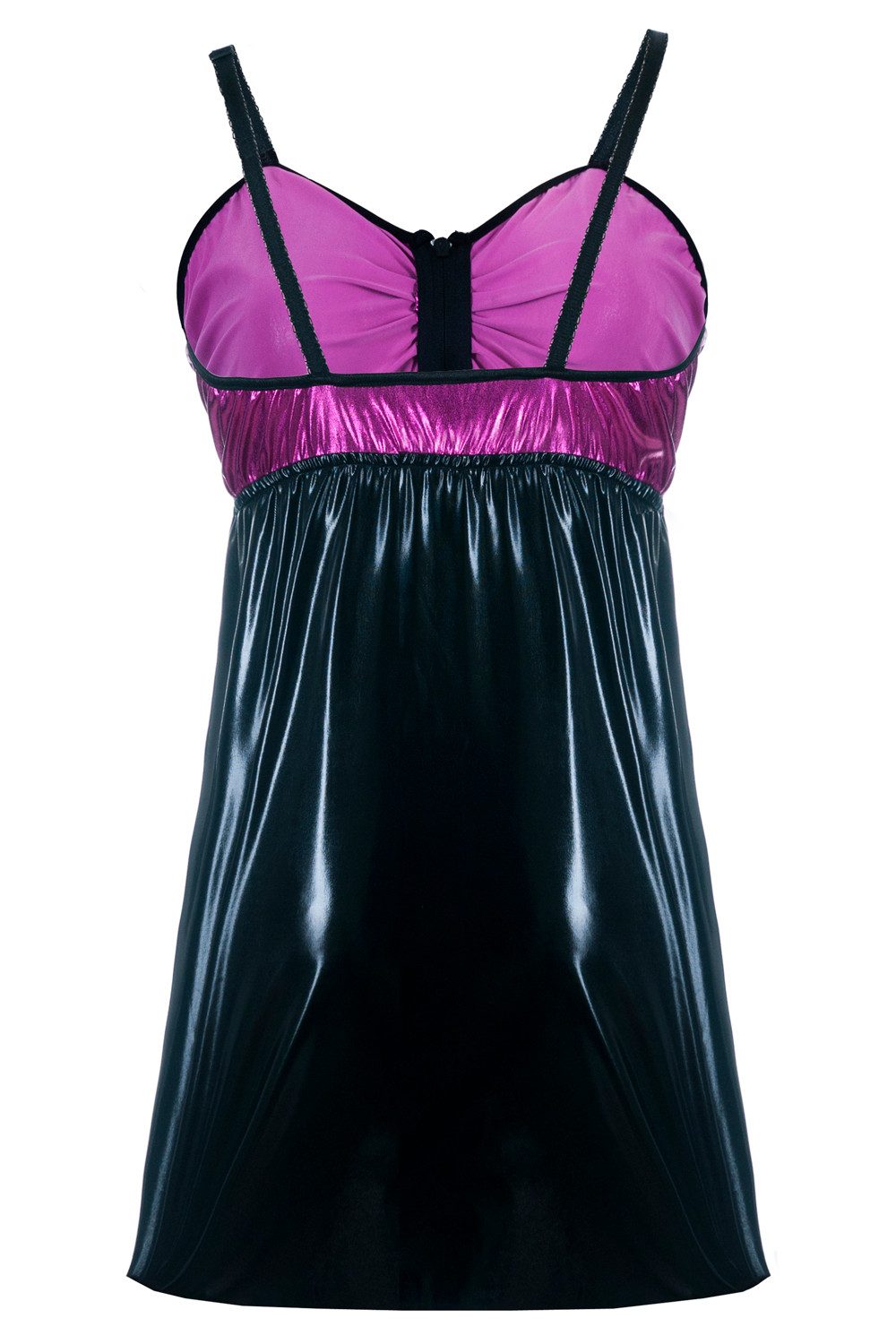 Andalea Babydollkleid Schwarz lila Wetlook Chemise mit Öffnung vorn und Reißverschluss an de