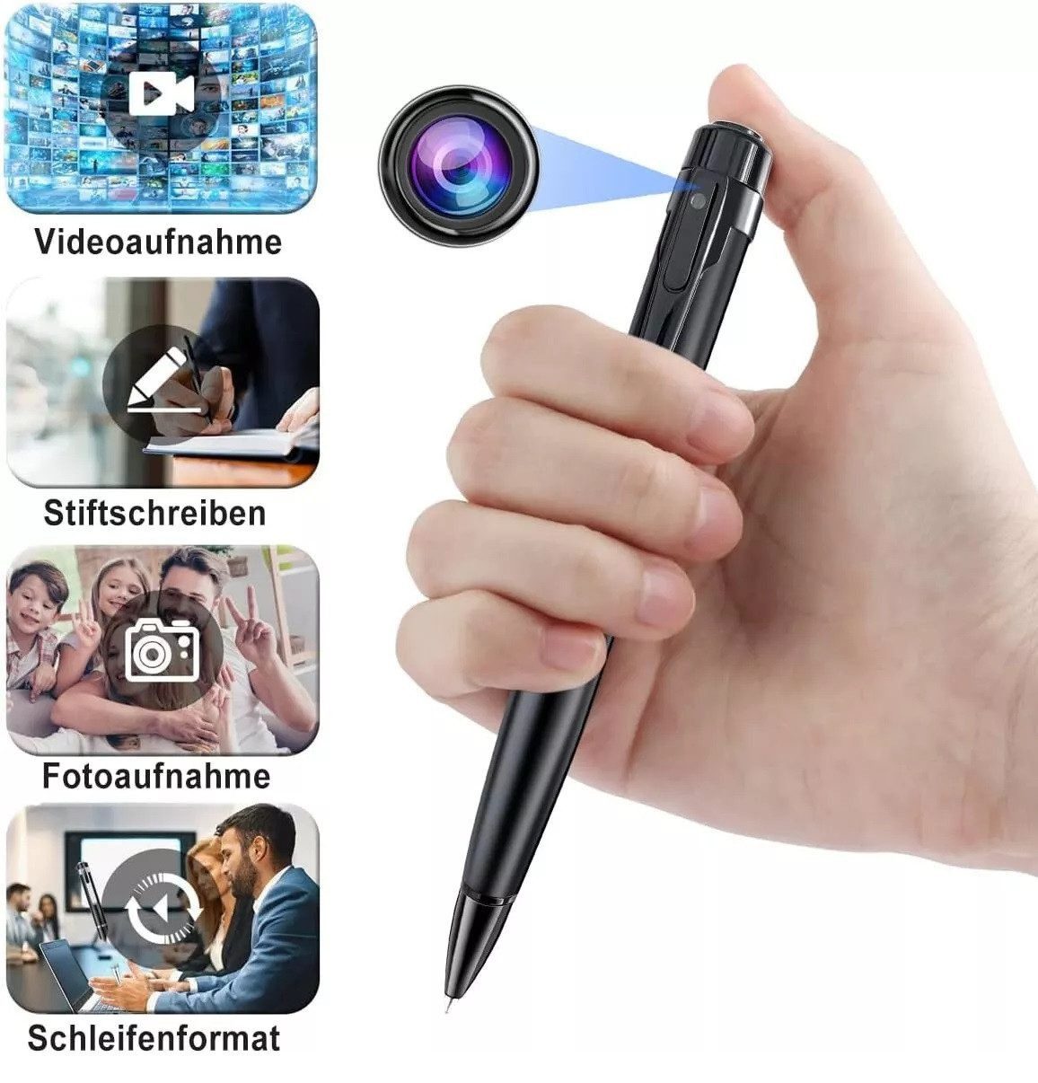 SpionProfi Überwachungskamera Kugelschreiber Kamera Stift Video Ton Bild Aufnahme Full HD 1080p (Innenbereich, Außenbereich, 1-tlg., Versteckte Spycam Mini Kamera im Kugelschreiber mit Schreibfunktion)