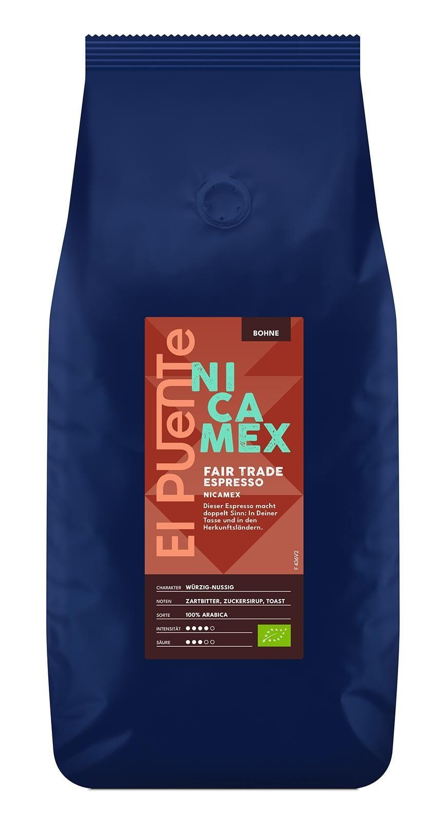 El Puente Kaffee NicaMex - Bio-Espressobohnen 1 kg, Fair Trade, Vegan, Bio, Handmade