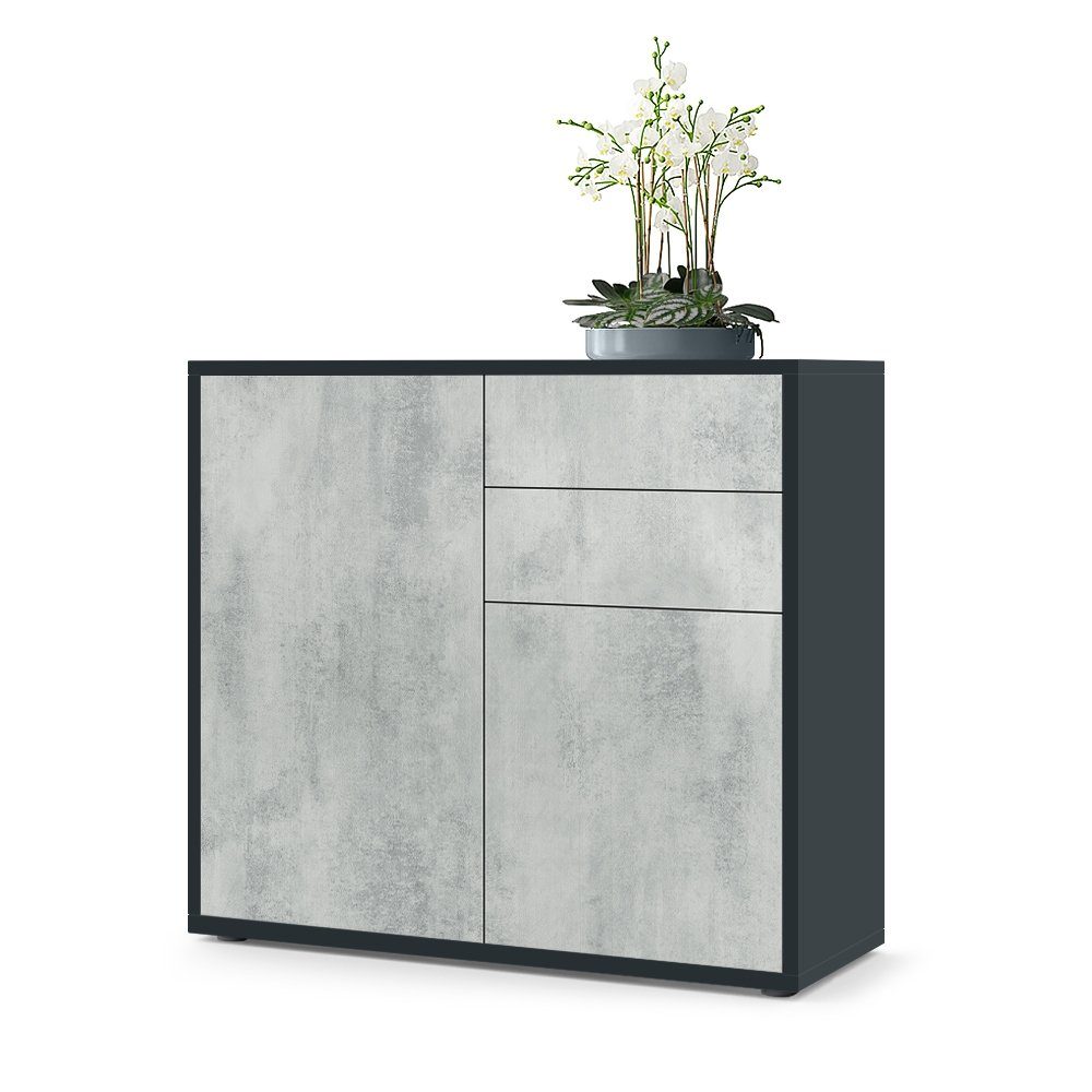 Vladon Kommode Ben V1 (Kommode, mit 2 Türen und 2 Schubladen), Schwarz matt/Beton Oxid-Optik (79 x 74 x 36 cm)