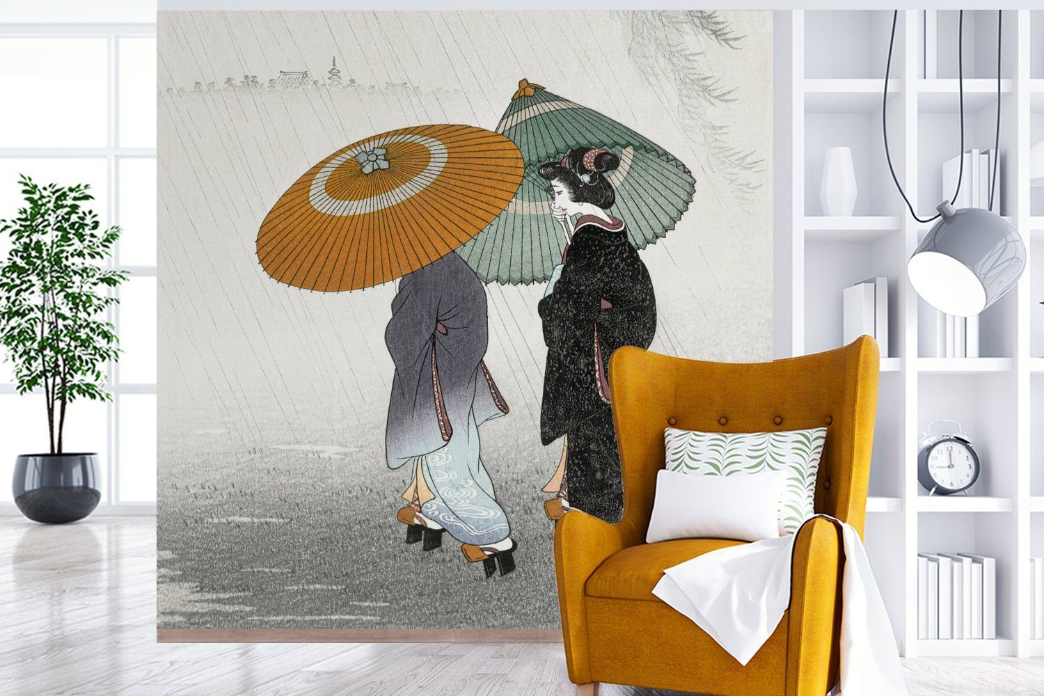 - St), Matt, oder (5 Vinyl Frauen Tapete - Schlafzimmer, Wohnzimmer bedruckt, Wandtapete Kimono Vintage, - MuchoWow Japandi Sonnenschirm für - Fototapete