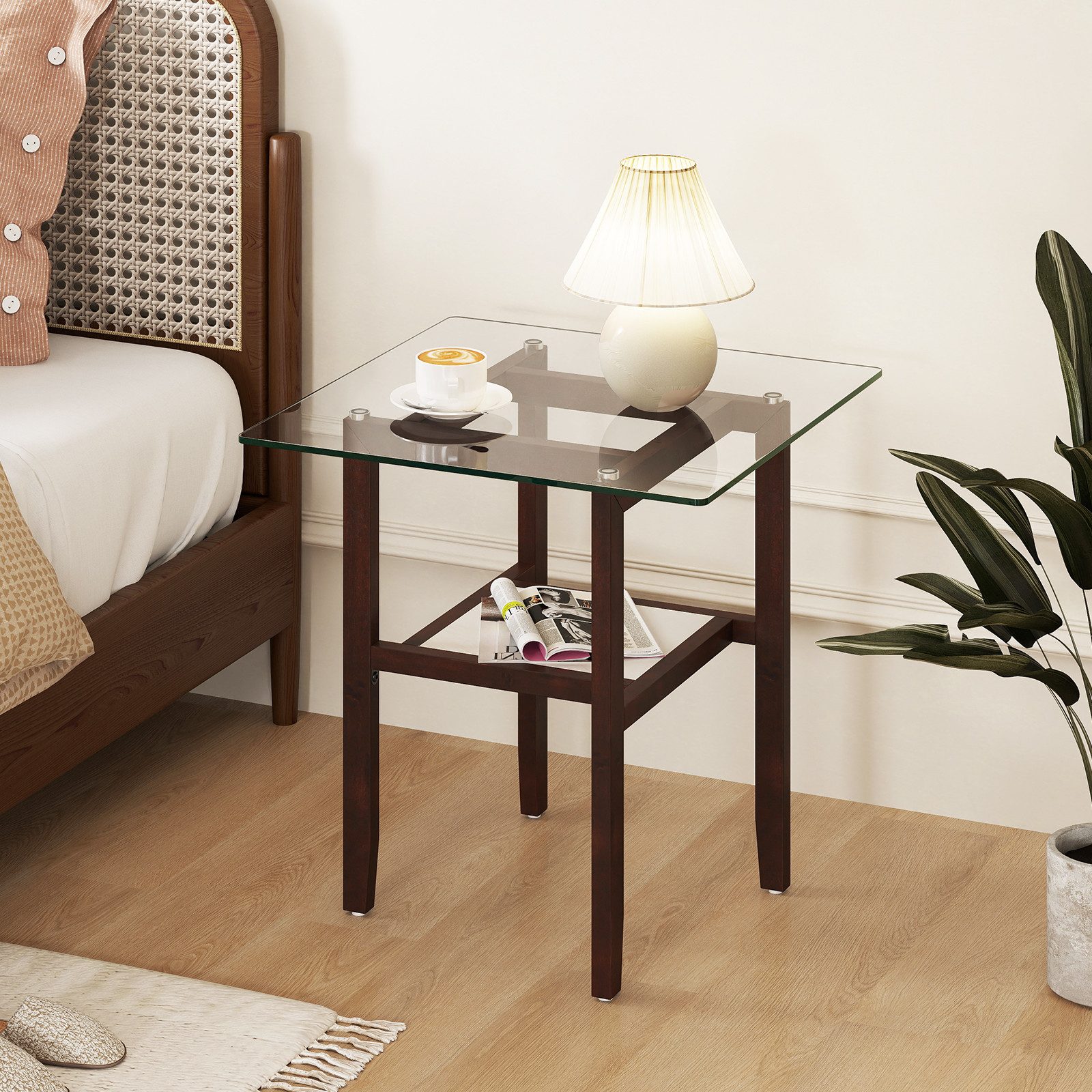 COSTWAY Couchtisch, aus Glas, Nachttisch mit Ablage, rechteckig,61x61x62cm