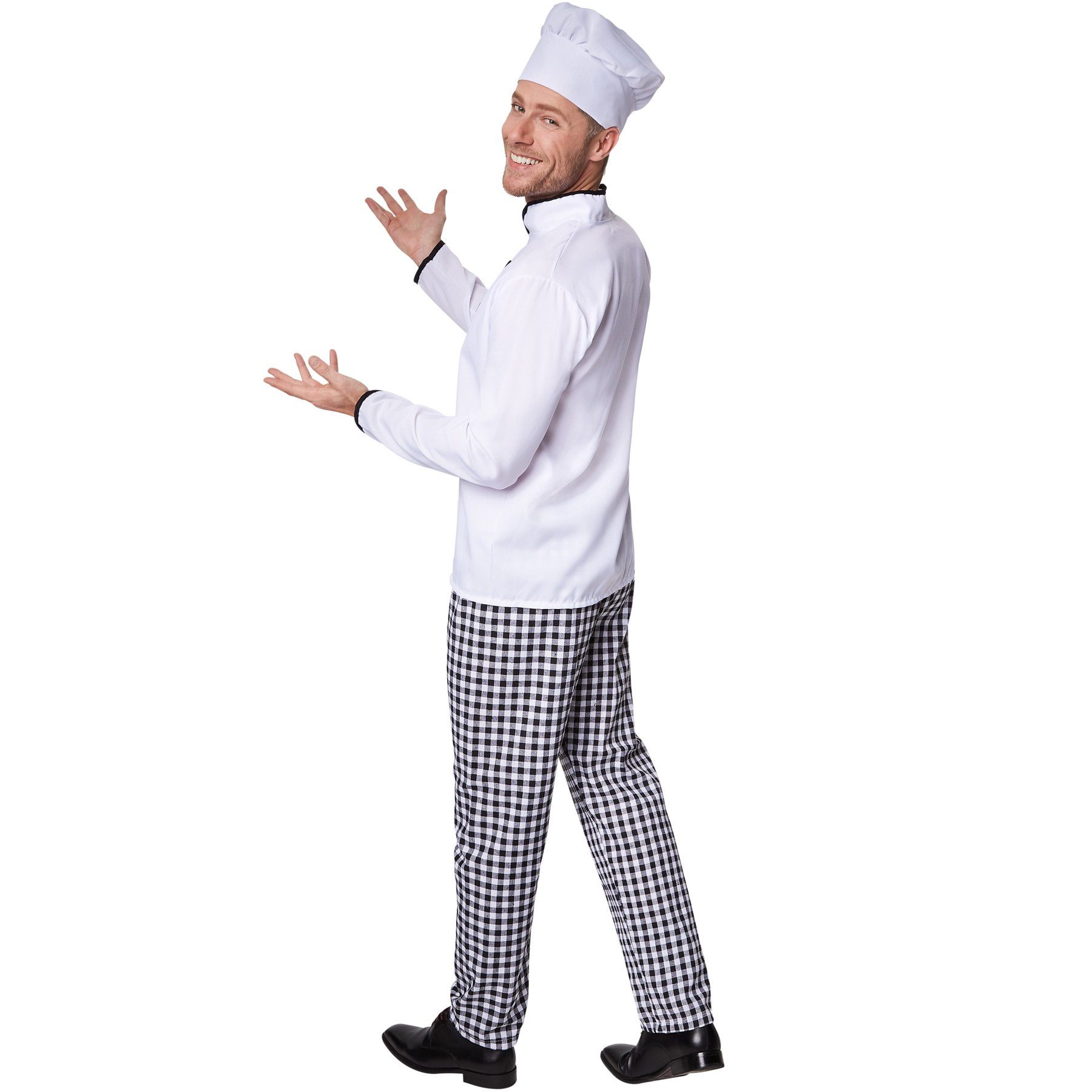 dressforfun Kostüm Koch, auch Chefkoch, Gr. S, Passende karierte Hose, Inkl. Kochhut, in der Farbe schwarz/weiß, Schön gearbeitetes Küchenchef-Jackett