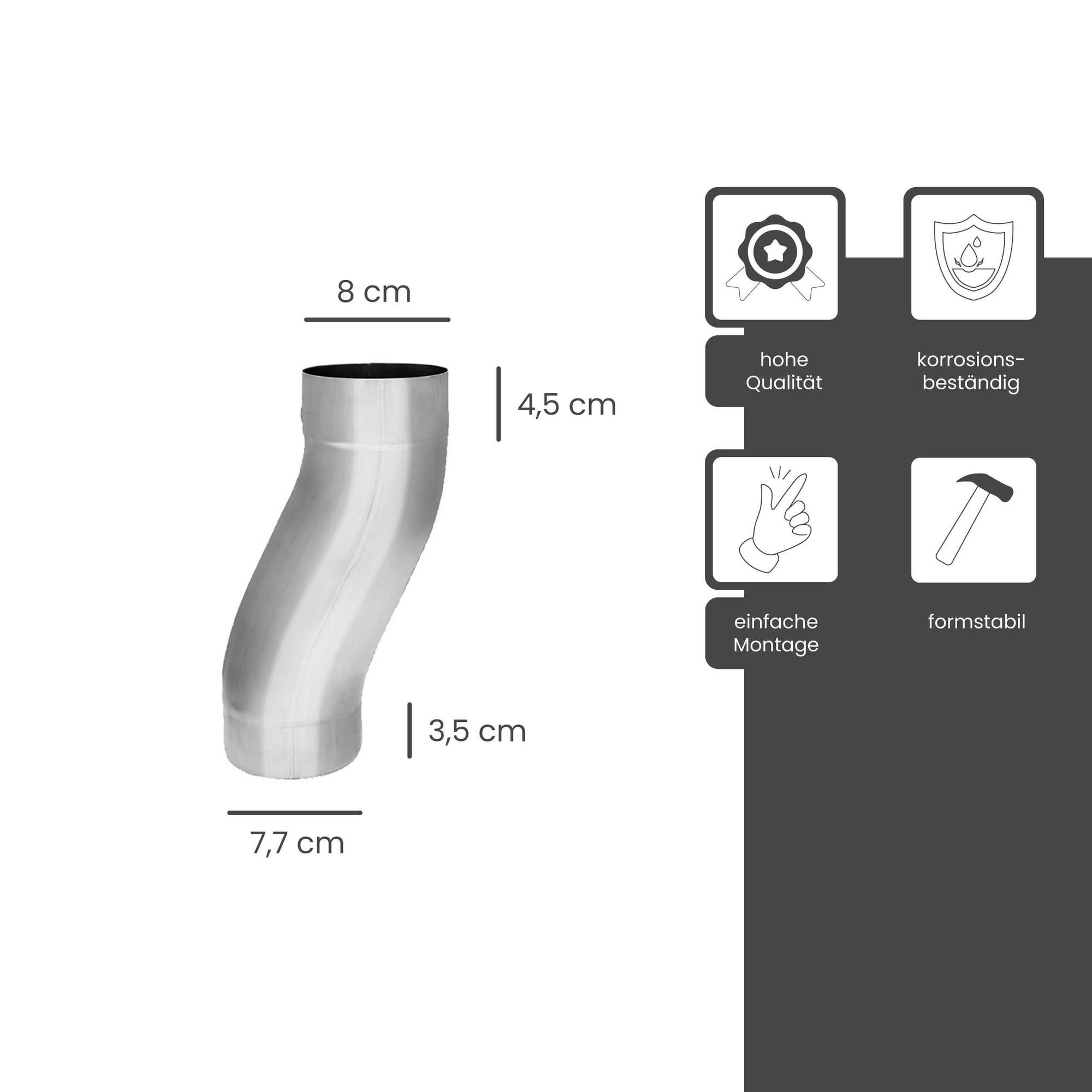 Zambelli Regenfallrohr, (Sockelknie verzinkt, Etagenbogen, einteilig gefalzt DN 80 Silber), zur Überbrückung von Mauer- und Putzvorsprüngen