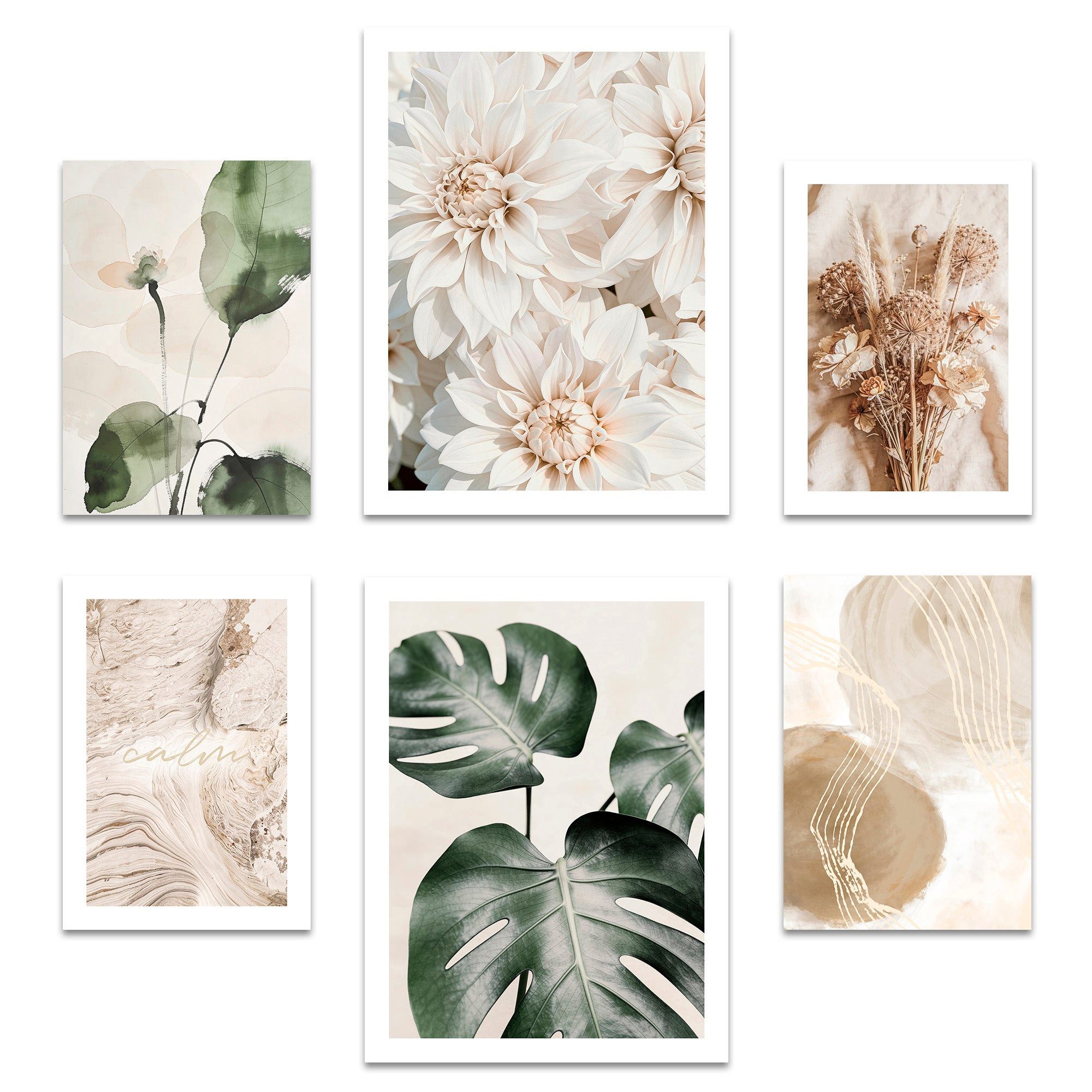 ARTFAVES Bilder-Collage Poster Set Beige Green Calmness I mehrteilige Bilderwand I Wandbilder, (Wandbilder modern, 6 St)