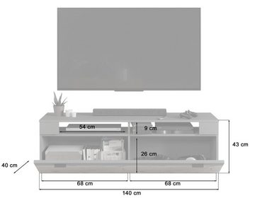 Lowboard Freno (TV Unterschrank in Basalt grau, Breite 140 cm), Rahmenabsetzung in Nox Eiche, mit Stauraum