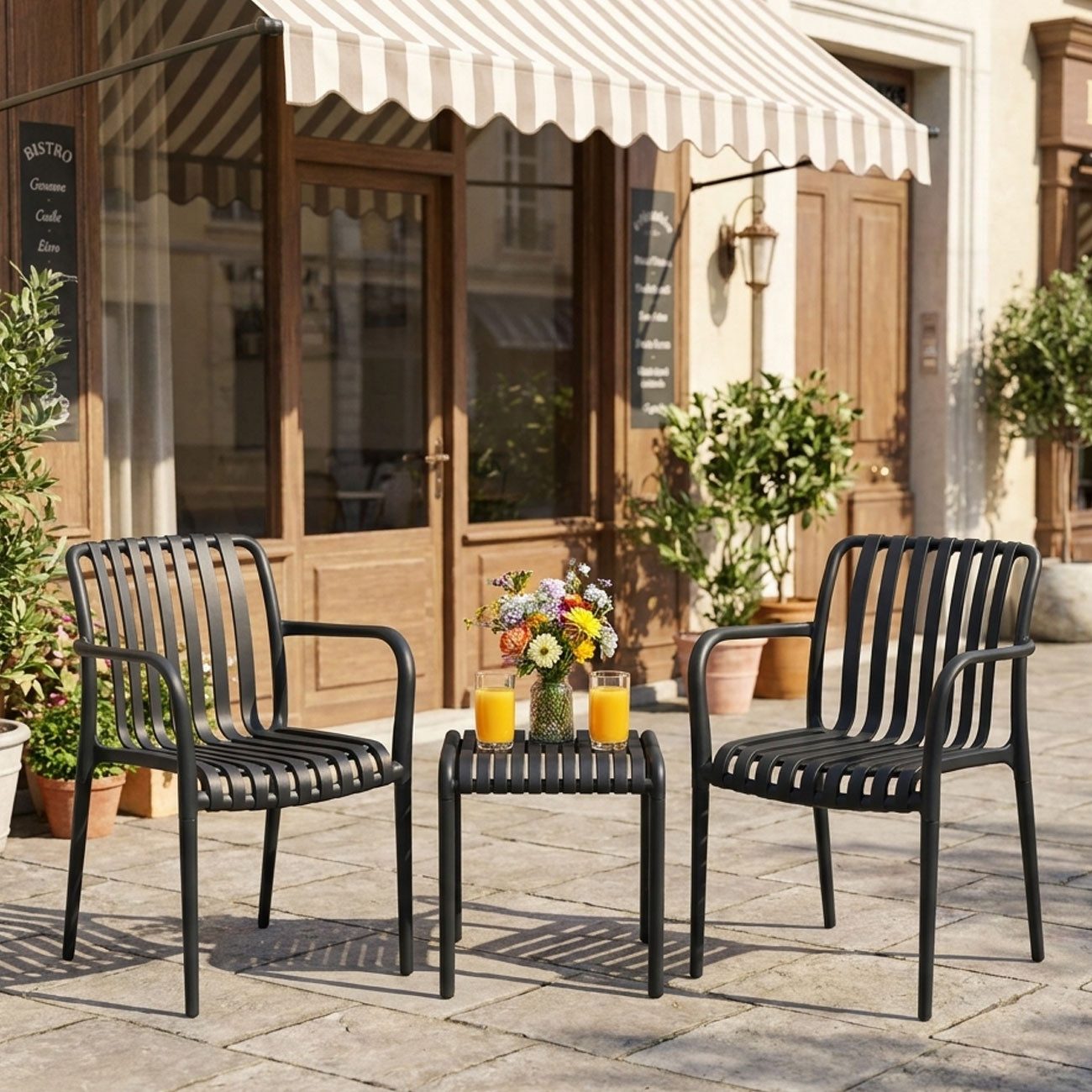 Progarden Bistrostuhl Bistro-Set Kunststoff 3-tlg., 2x Gartenstuhl & Beistelltisch, Schwarz (3 St), Wetterfestes 3-teiliges Garten-Bistro-Set aus robustem Kunststoff