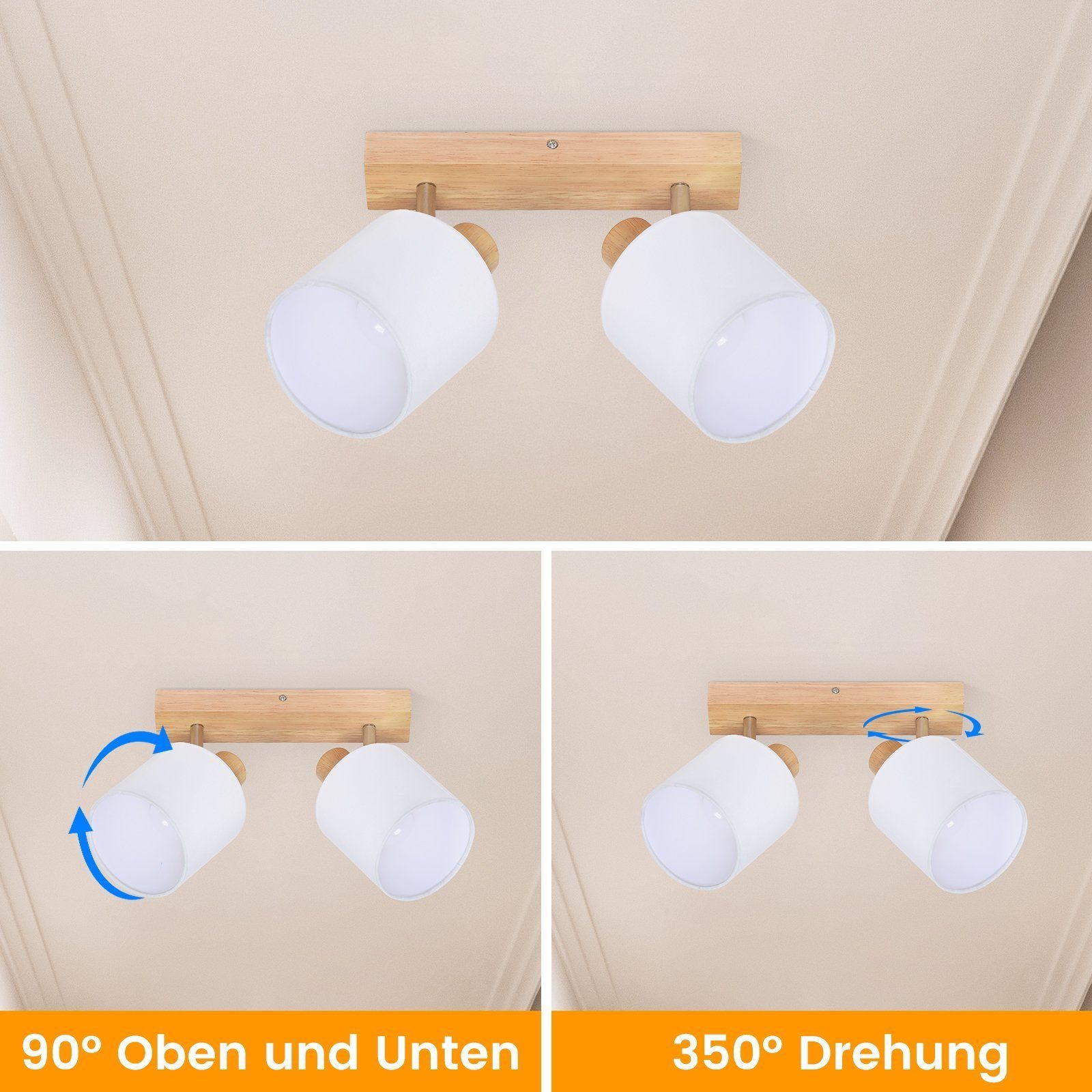 ZMH Deckenleuchte 2 Flammig Vintage Deckenlampe Schwenkbar 350° E14 Schlafzimmer, Drehbar, ohne Leuchtmittel, MAX.25W Stoffschrim für Wohnzimmer Schlafzimmer – Bild 4 von 5