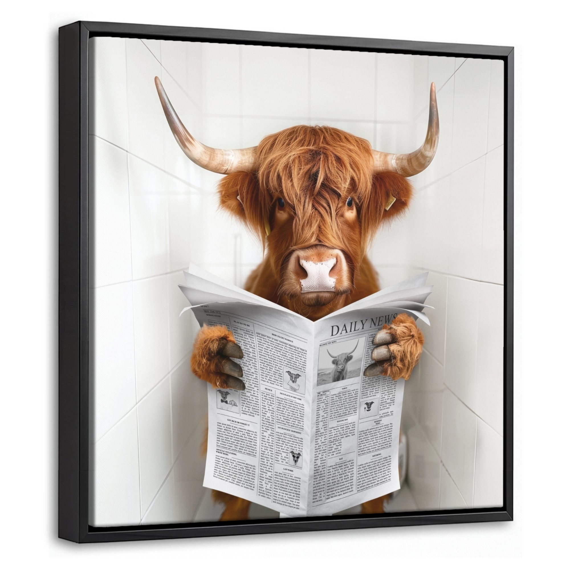OnlyWow Leinwandbild mit Rahmen - Schottischer Highlander - Tier - Zeitung - Toilette, Fotodruck (1 St), Leinwand Bilder Klein, Wand Dekoration Aesthetic 20x20cm