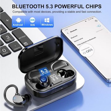 POMUIC Kabellos Bluetooth 5.3 mit HD Mic, 120 Stunden Spielzeit Sport In-Ear-Kopfhörer (Zuverlässige Qualität und komfortabler Sitz für langanhaltenden Tragekomfort, mit LED-Anzeige, Deep Bass, IP7 Wasserdichte Ohrhörer mit Ohrhaken)