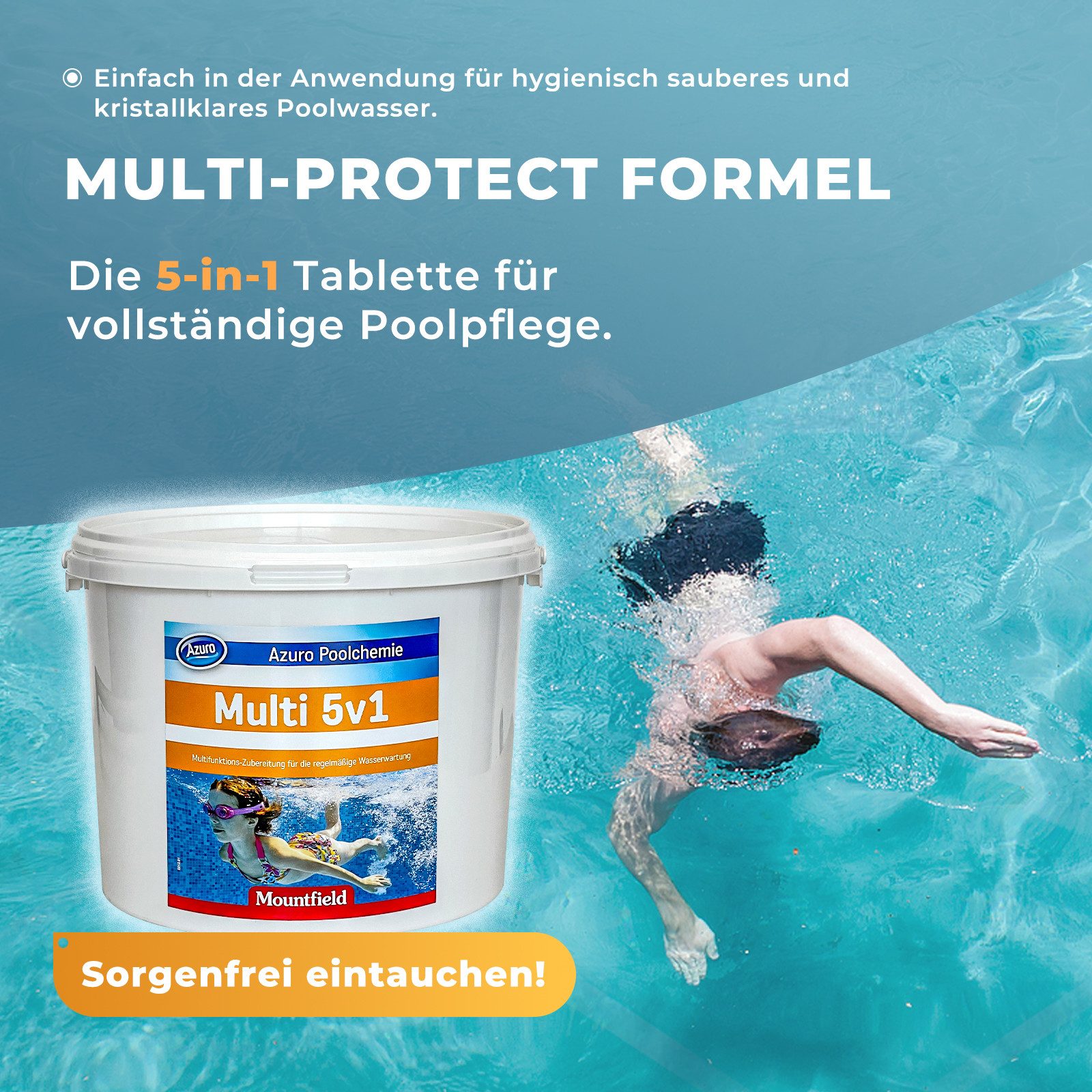 Azuro Chlortabletten 5 in 1 Chlor Multitabs 200g langsamlöslich für Pools, (1kg, 3kg, 5kg, Hergestellt in Europa), für kristallklares und hygienisches Poolwasser), langzeit Chlor Tabletten zur Reinigung und Desinfektion