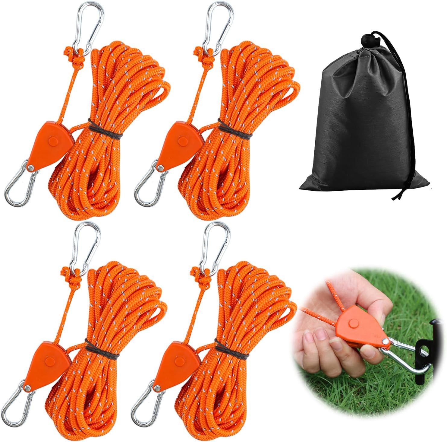 FELIXLEO Abschleppseil 4 STK 4mm Abspannseile 4m mit Seilspanner Reflektierend Orange (8-tlg)