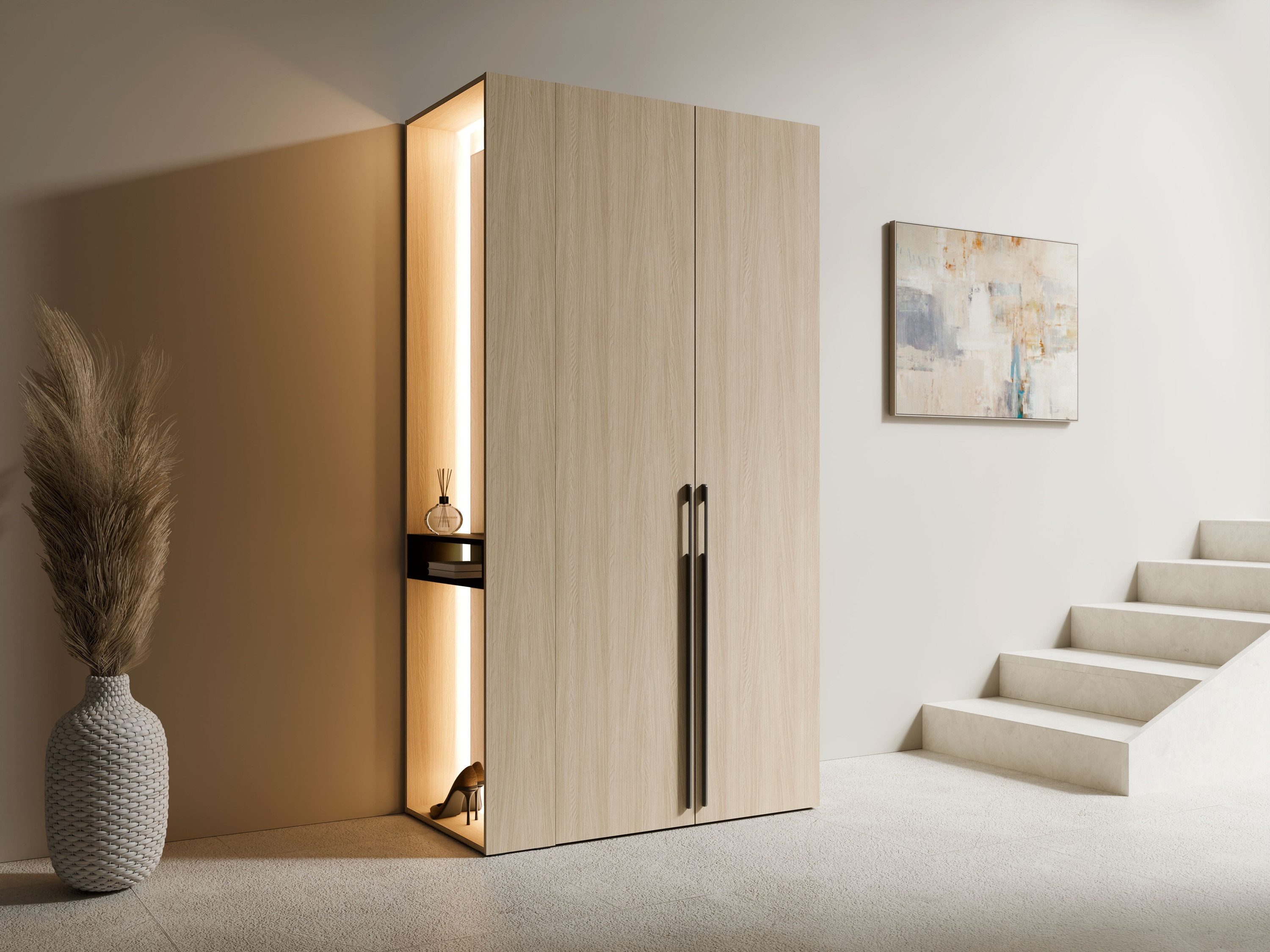 Raumhirsch Furniture Kleiderschrank Schrankanbau, Element für begehbaren Kleiderschrank, mit Spiegel (Maße: 58 x 207,5 x 20,5 cm, stabile Konstruktion) mit LED Beleuchtung, offenes Regal