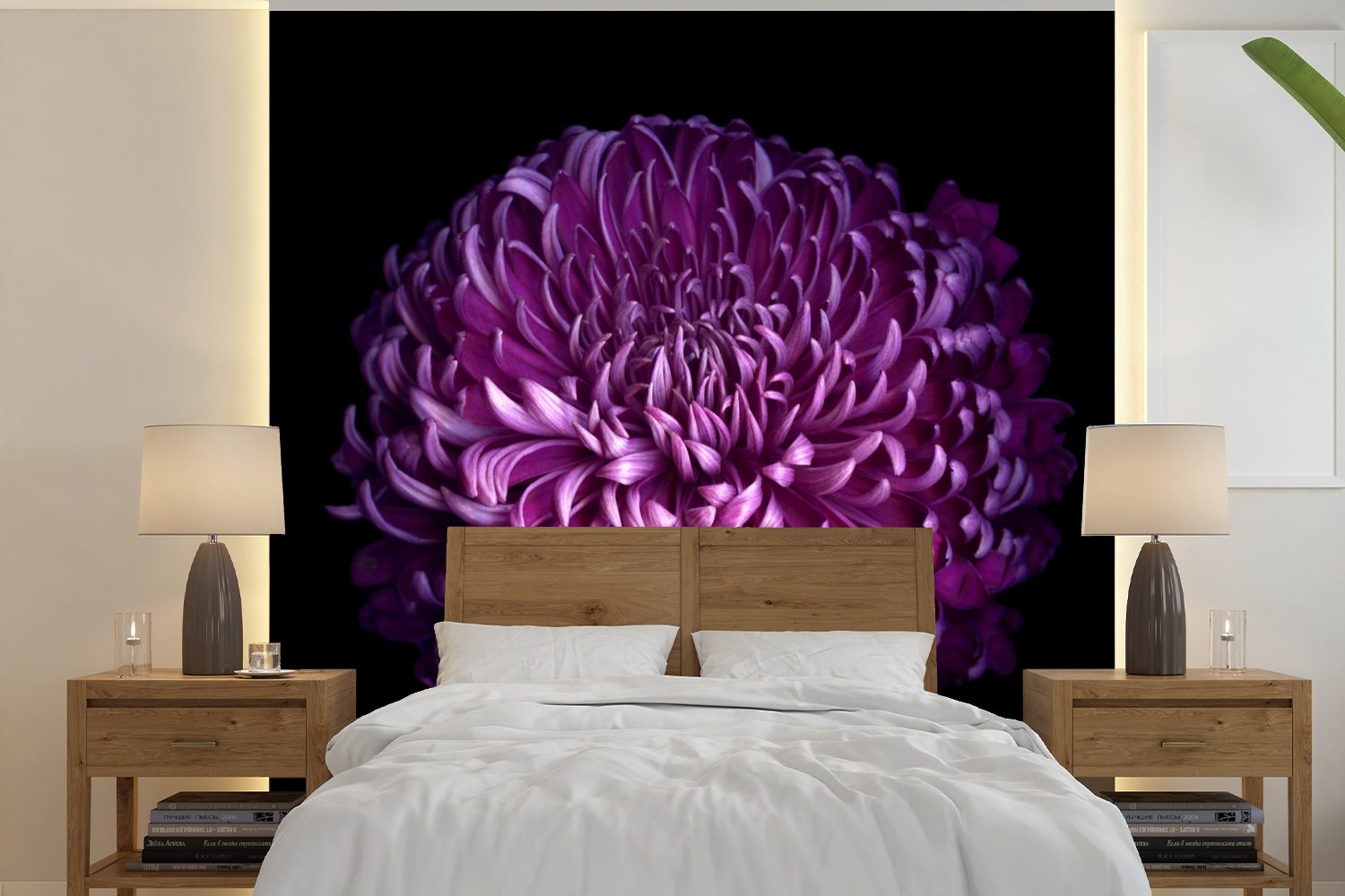 MuchoWow Fototapete Die Blätter einer lila Blume auf schwarzem Hintergrund, Matt, bedruckt, (5 St), Vinyl Tapete für Wohnzimmer oder Schlafzimmer, Wandtapete