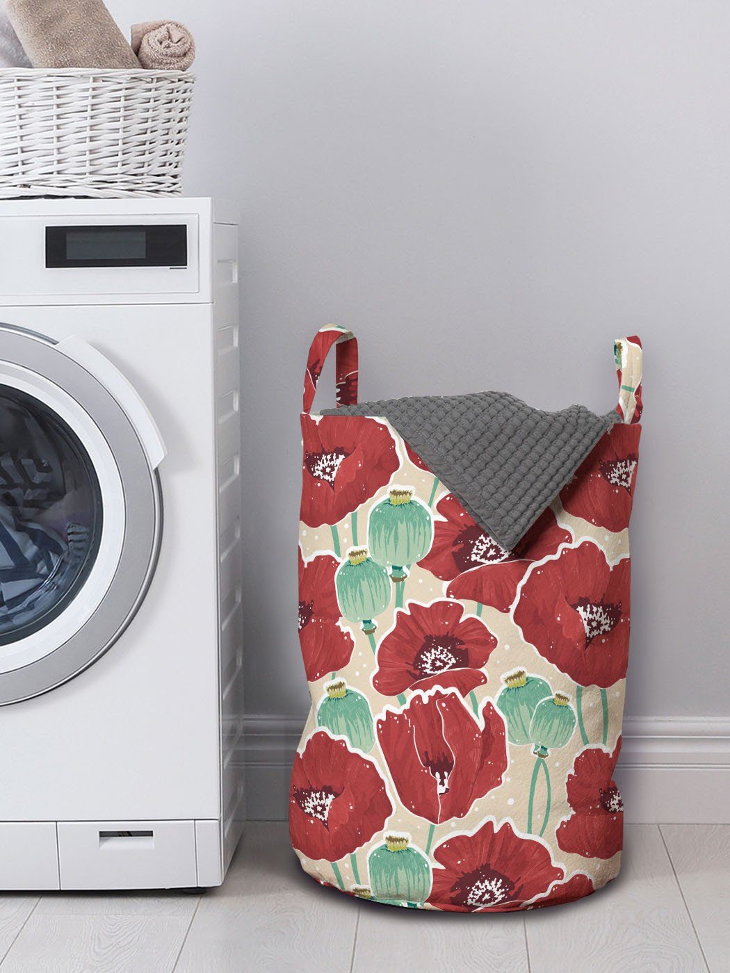 Wäschesäckchen mit Wäschekorb Abakuhaus Griffen Waschsalons, Aquarell-Effekt Blumen für Mohn Kordelzugverschluss