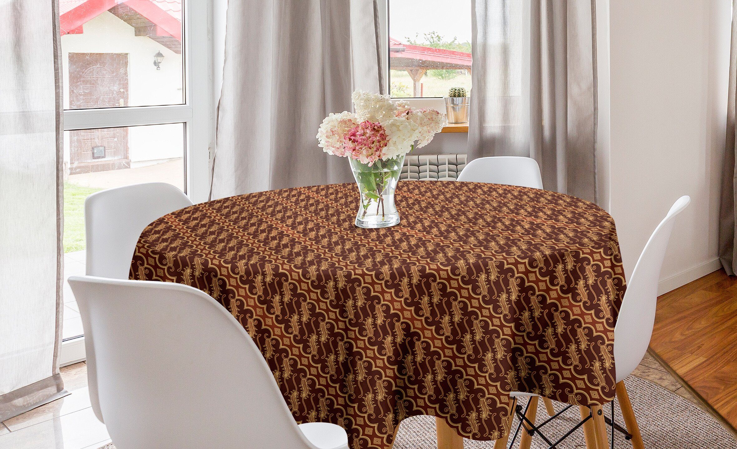 Abakuhaus Tischdecke Kreis Tischdecke Abdeckung für Esszimmer Küche Dekoration, Braun Indonesisch Parang Barong