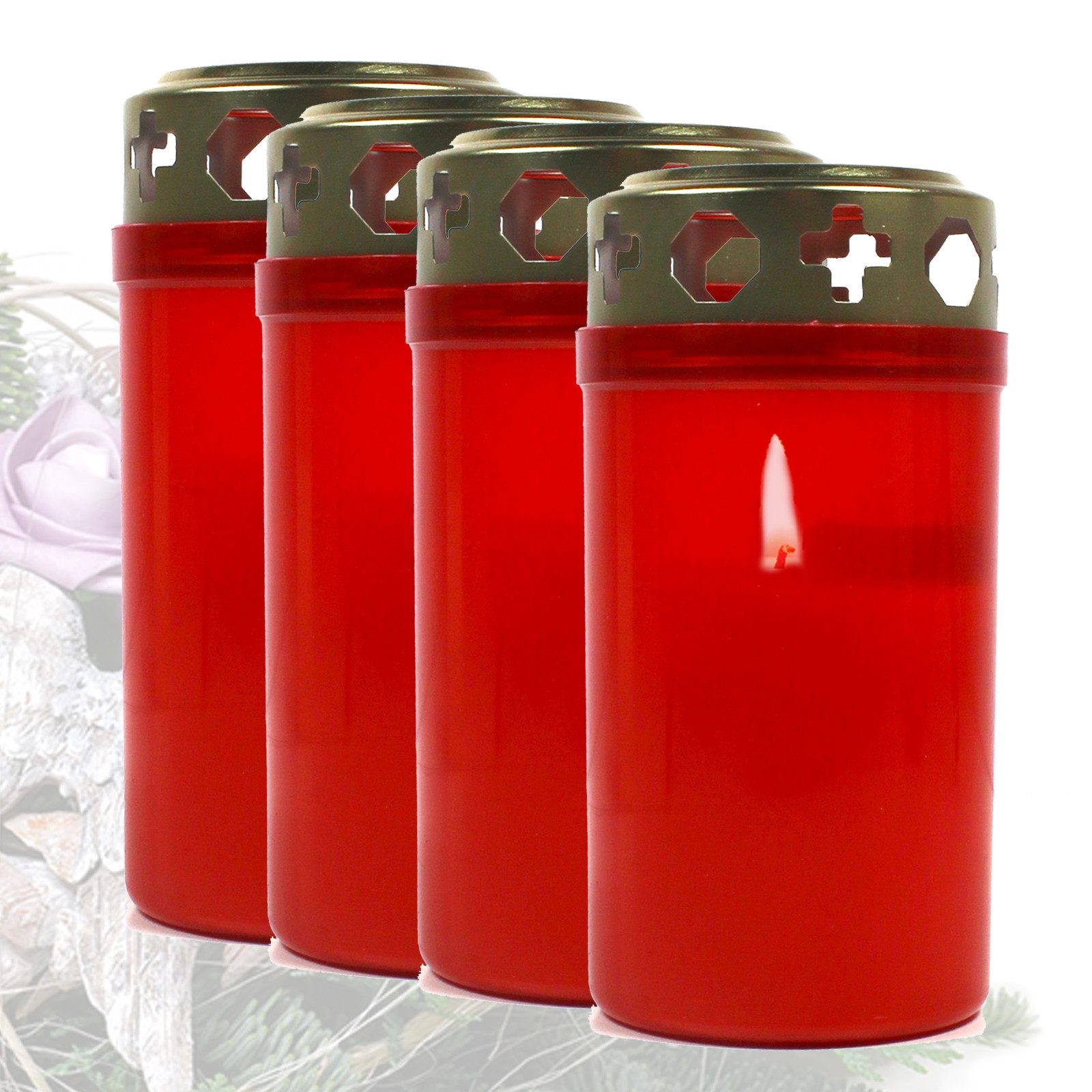 Candelo Grabkerze 4er Set Premium Grabkerzen mit Deckel - Rot Tagebrenner 54 Std (4er Set, 4-tlg), Trauerlicht Gedenk für Friedhof - Friedhofskerze Grablicht Brenner