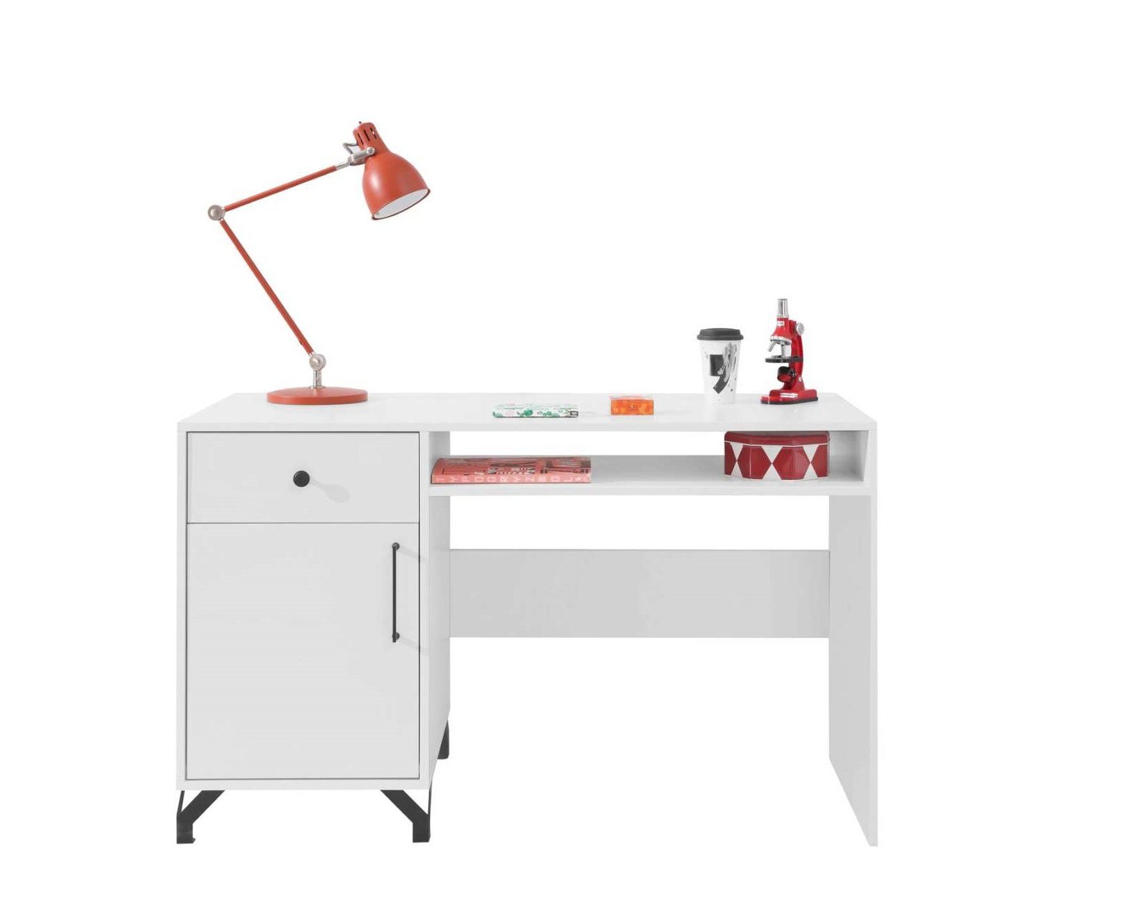 Stylefy Schreibtisch Arm Weiß Hochglanz (Computertisch, Bürotisch), mit Schublade, aus Holzwerkstoff, viel Stauraum, Metallelemente, Modern Design