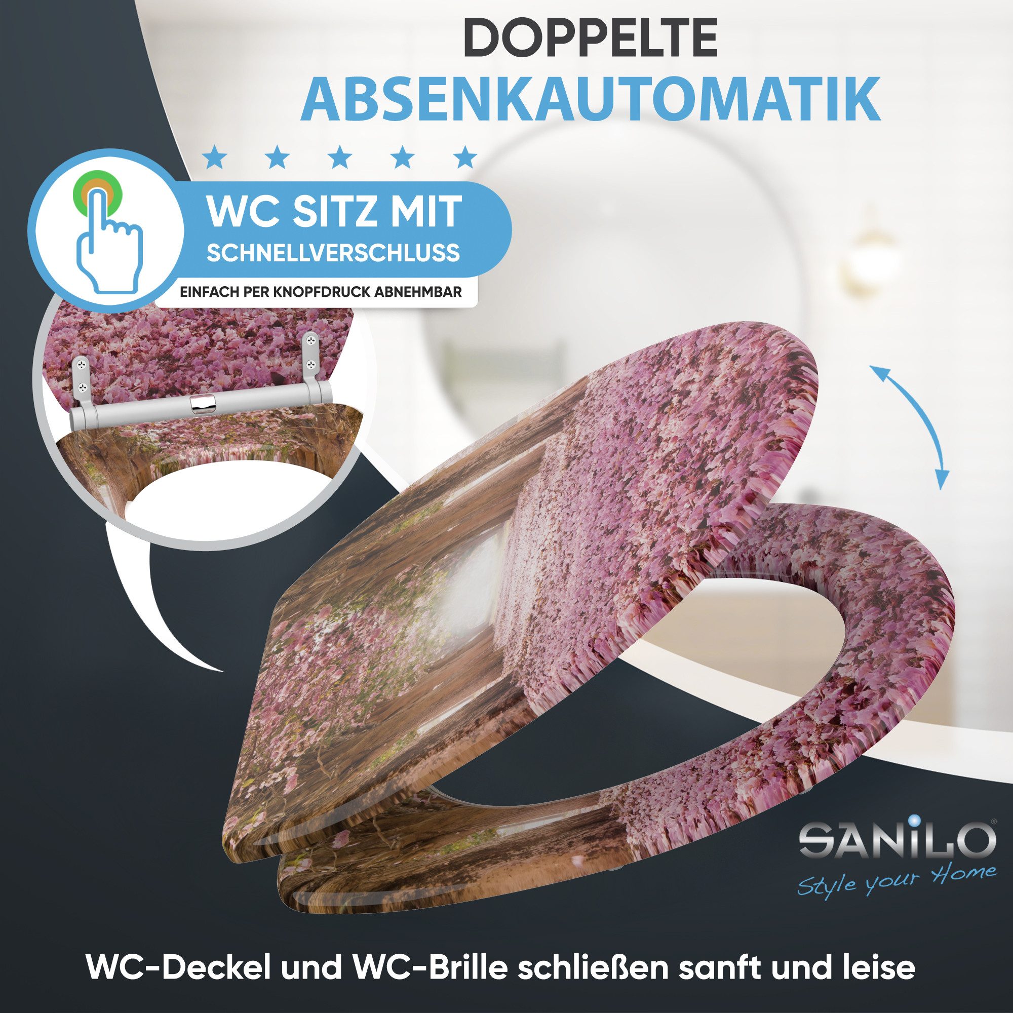 Sanilo WC-Sitz Romantik mit Absenkautomatik & Quick Release, Premium Toilettendeckel, abnehmbar, leichte Montage von oben