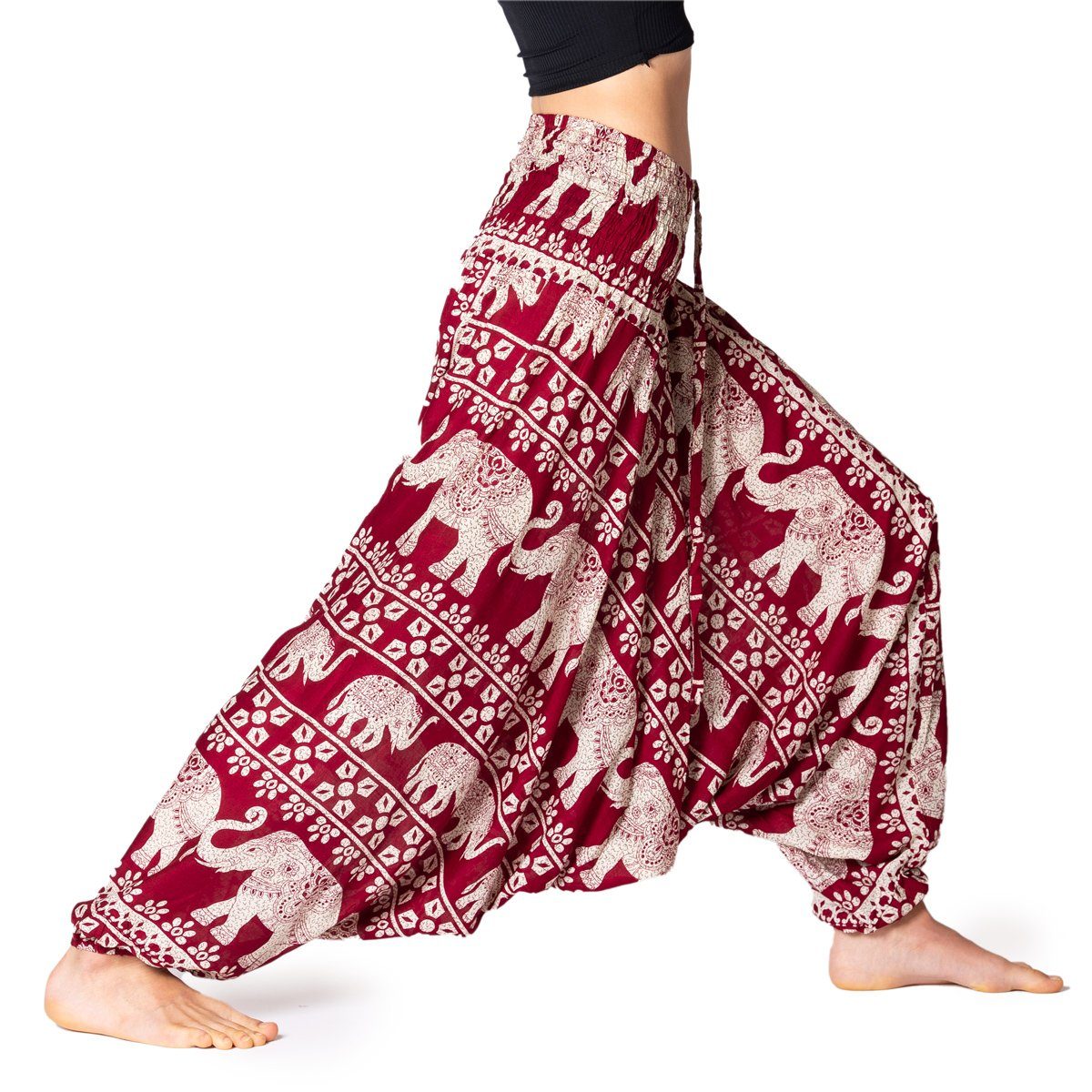 PANASIAM Relaxhose Aladinhose Chang Haremshose aus 100% natürlicher Viskose Pumphose auch als Overall tragbar Damen bequeme Freizeithose Pluderhose Elefant Rot