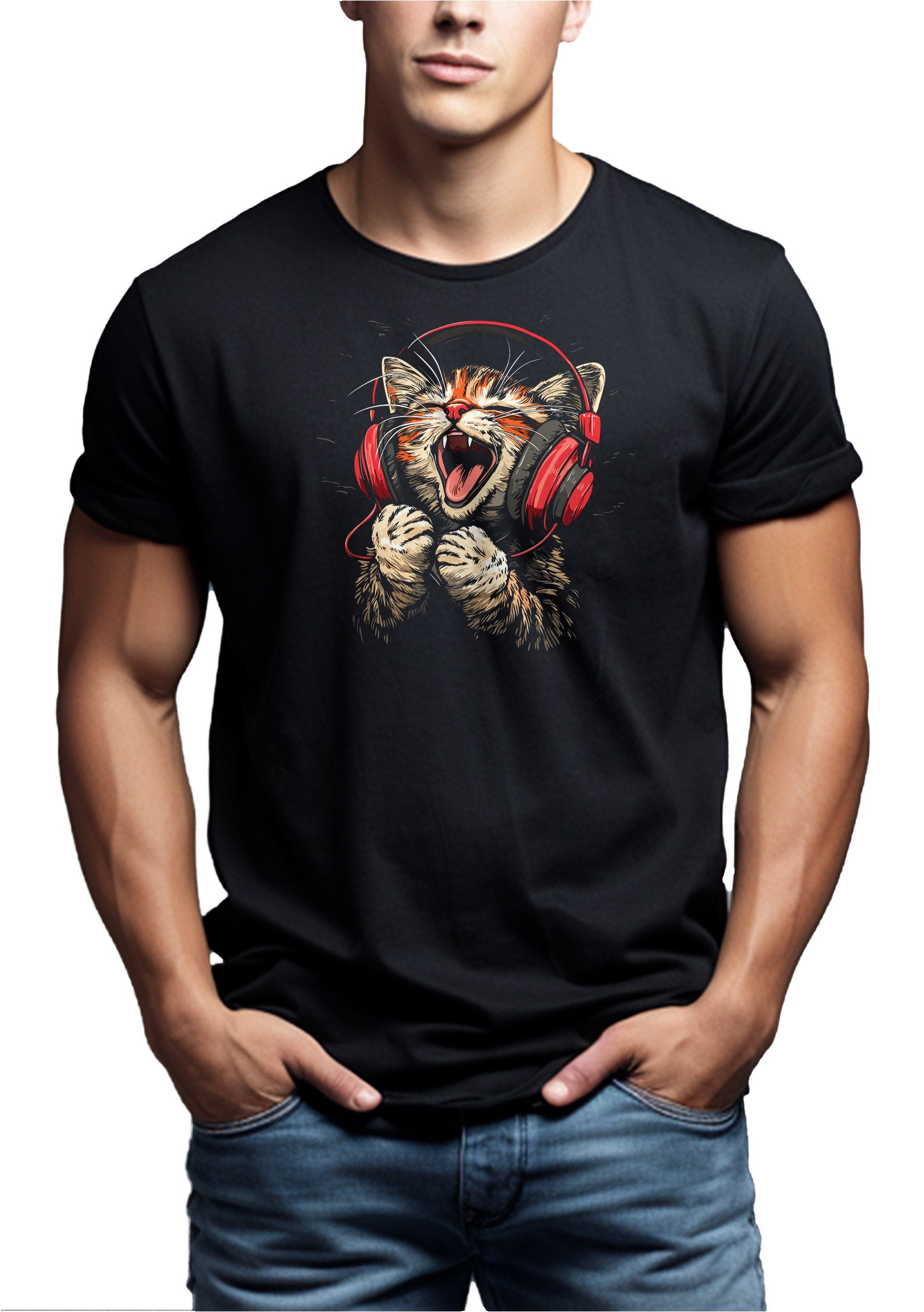 MAKAYA T-Shirt Printshirt für Herren – Katze mit Kopfhörer für Katzenliebhaber (S, M, L, XL, XXL, XXXL, XXXXL, XXXXXL) Baumwolle