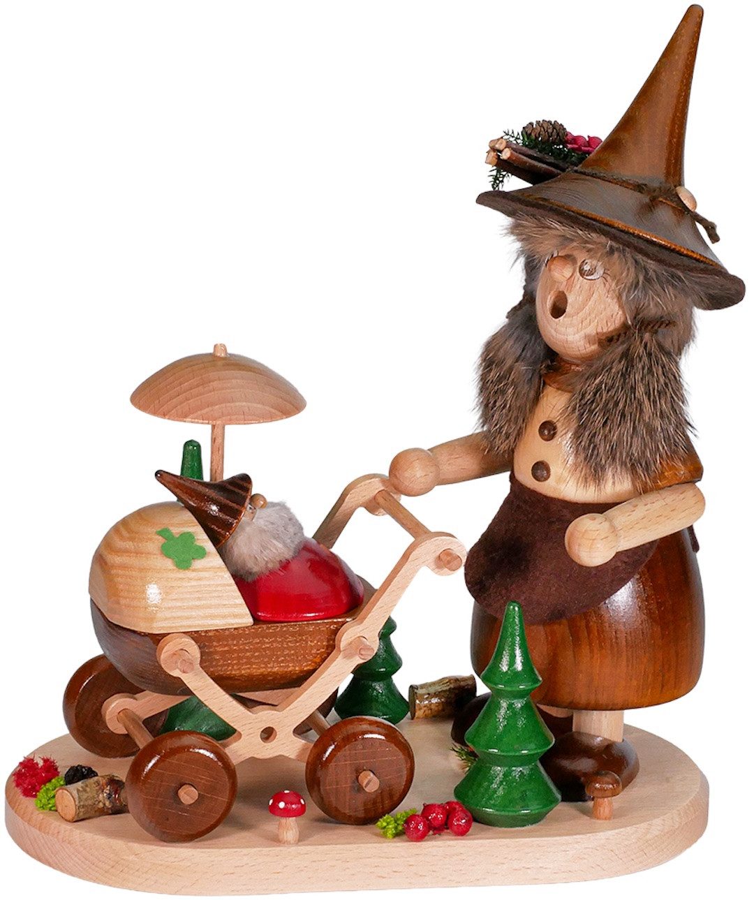 DWU - Drechselwerkstatt Uhlig Räuchermännchen DWU Räucherfrau Wichtelfrau mit Kinderwagen, (1 St), Handarbeit aus dem Erzgebirge