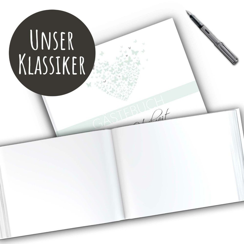 bigdaygraphix Notizbuch Gästebuch Hochzeit A4 quer Schmetterling Mint, Kreative Gestaltungsmöglichkeiten für unvergessliche Erinnerungen.