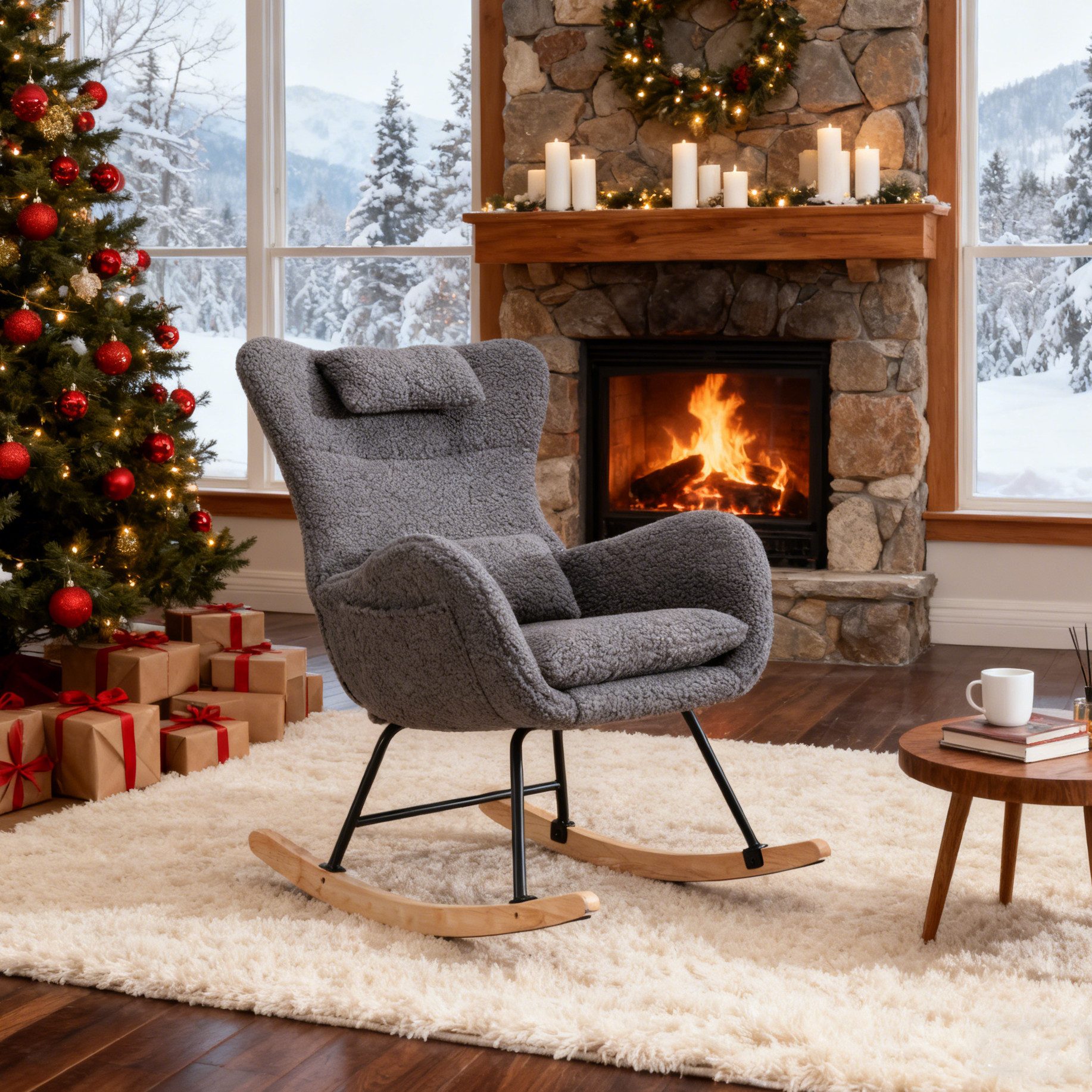 HAUSS SPOLE Schaukelstuhl Relaxsessel Polsterstuhl mit Kopfstütze, Lendenkisse und Seitentaschen (Schaukelstuhl mit hoher Rückenlehne), Kopfstütze und Lendenkissen Teddyplüsch