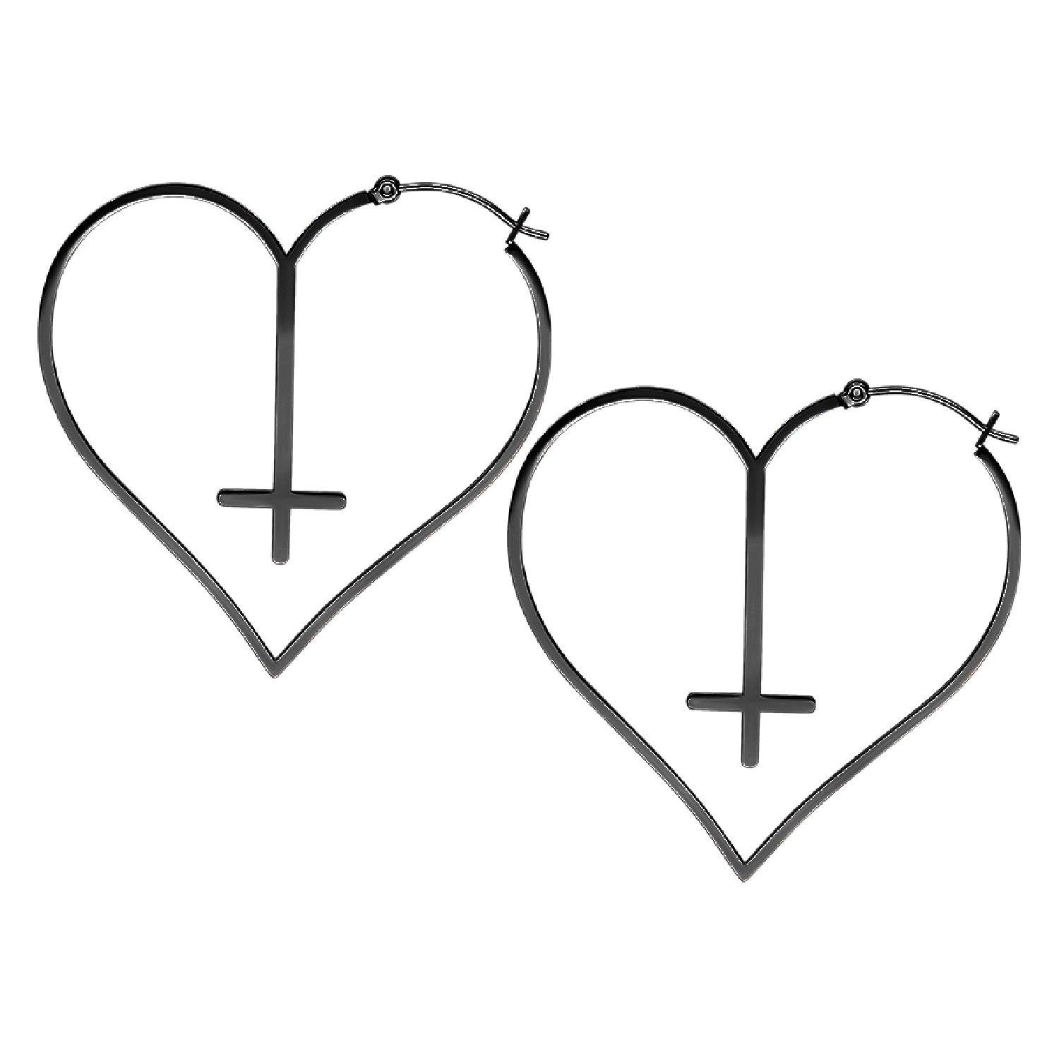 Paar Ohrhänger Cross Heart Hoops - Schwarz