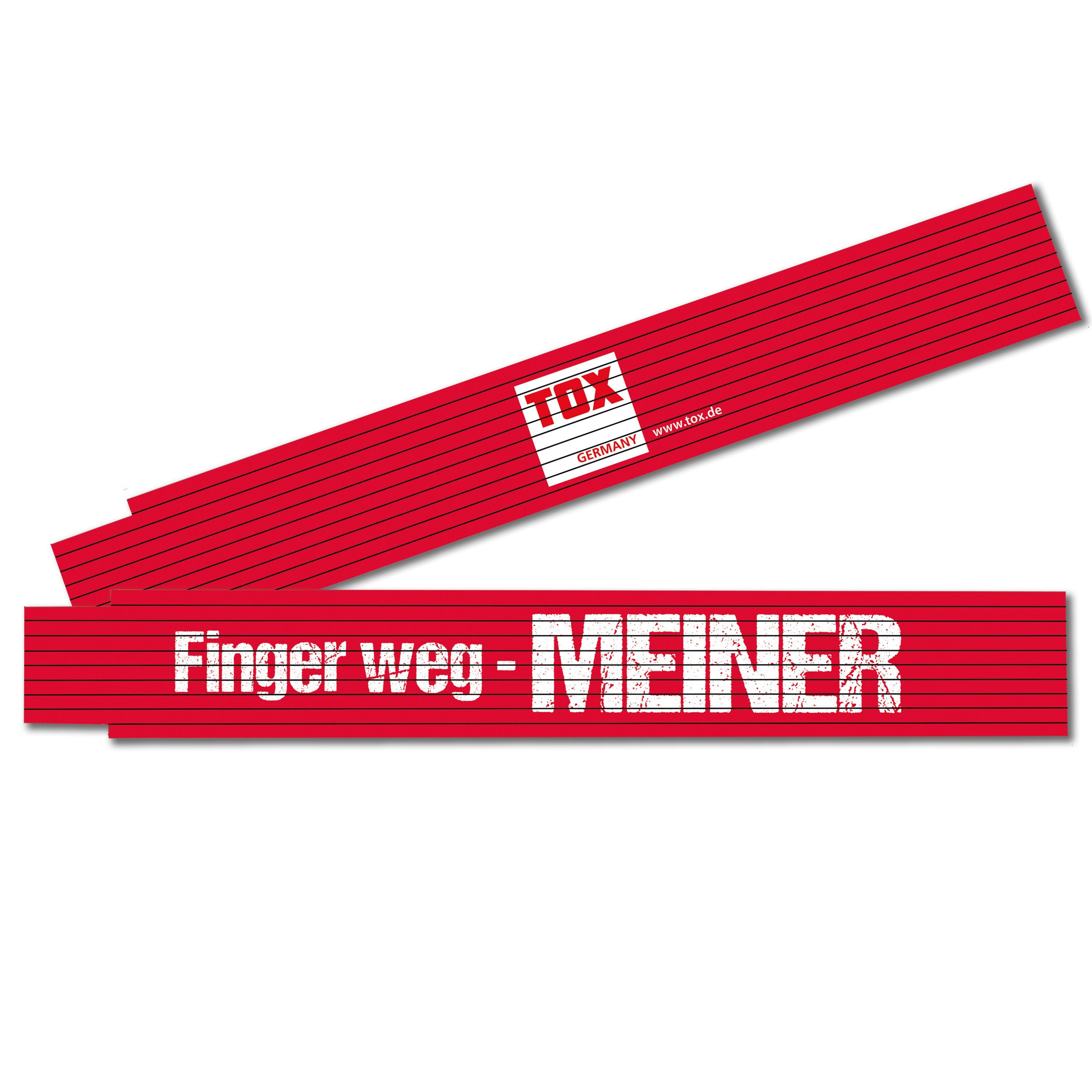 TOX-DÜBEL-TECHNIK Zollstock Meterstab 2 meter, farbenfroh mit cooler Beschriftung, in verschiedenen Farben und mit verschiedenen Sprüchen "Finger weg - MEINER" (rot)