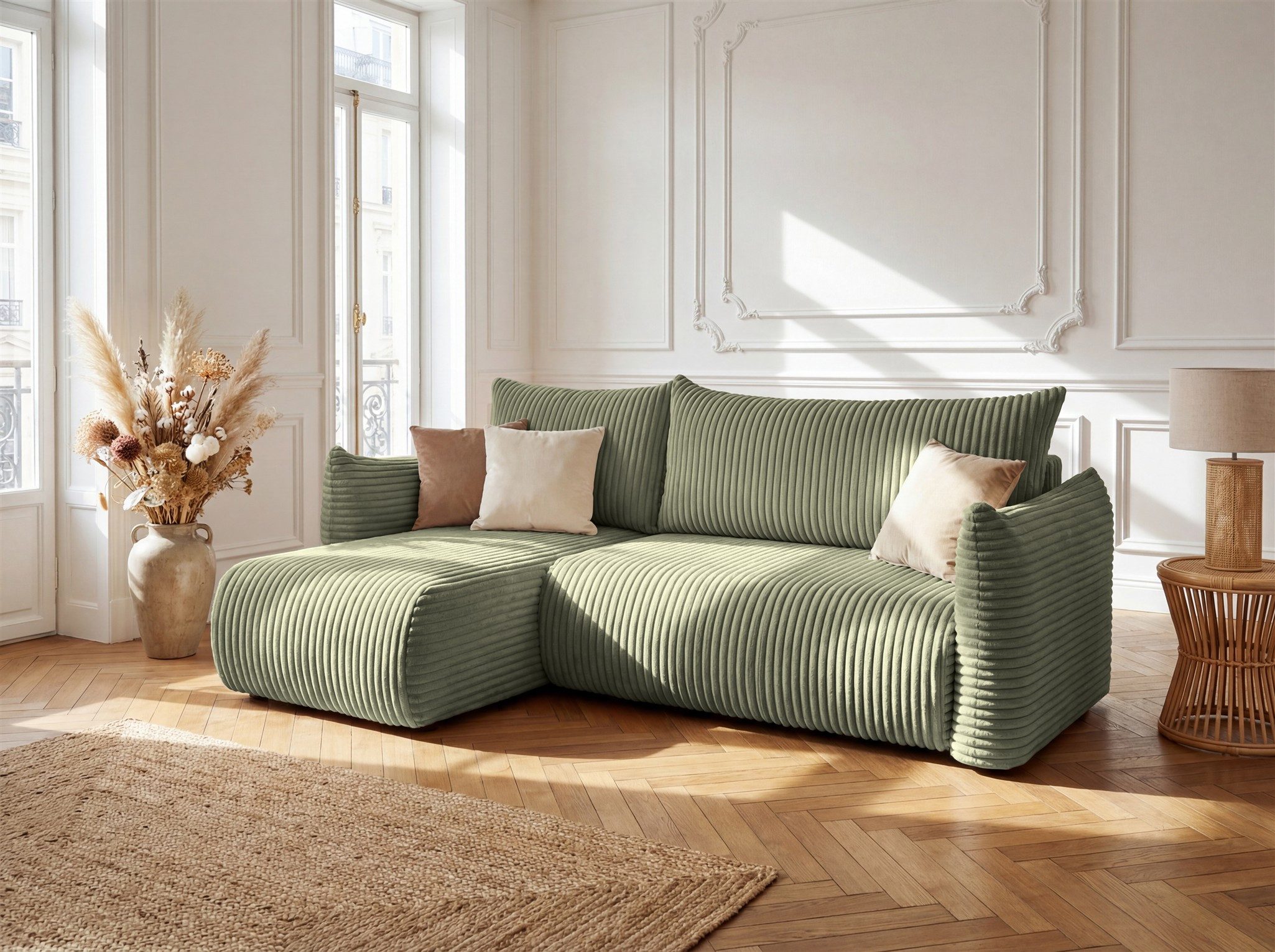 Fun Möbel Ecksofa Schlafsofa MAILAND XS mit Ottomane in Stoff Tilia, mit Bettkasten, Ottomane Links oder Rechts