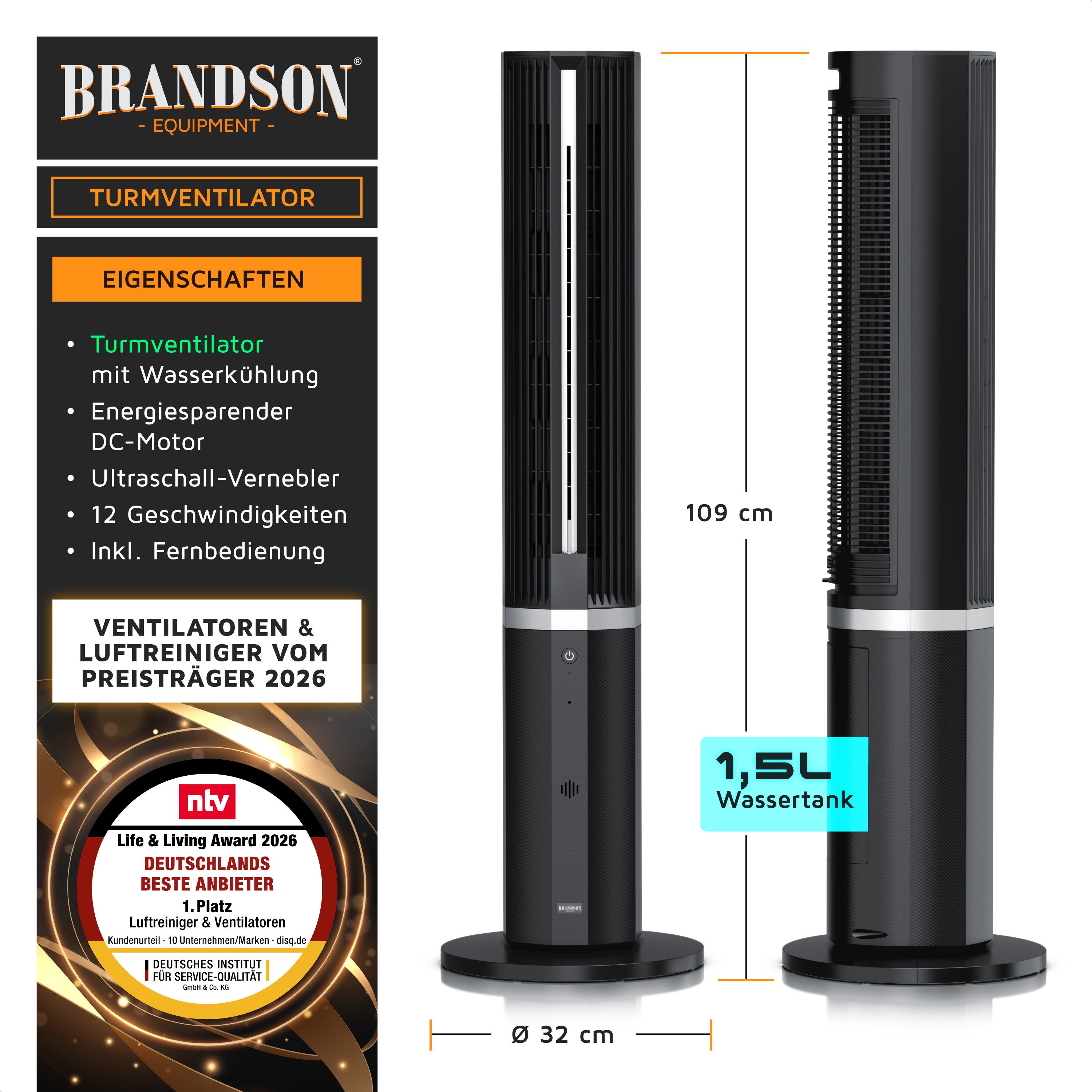Brandson Turmventilator mobiler Luftkühler, Wasserkühlung, Klimaanlage, Timer, NTV Sieger 2026, DC-Motor, 55W, Luftbefeuchter, leiser Lüfter, 12 Stufen, GS-Geprüft