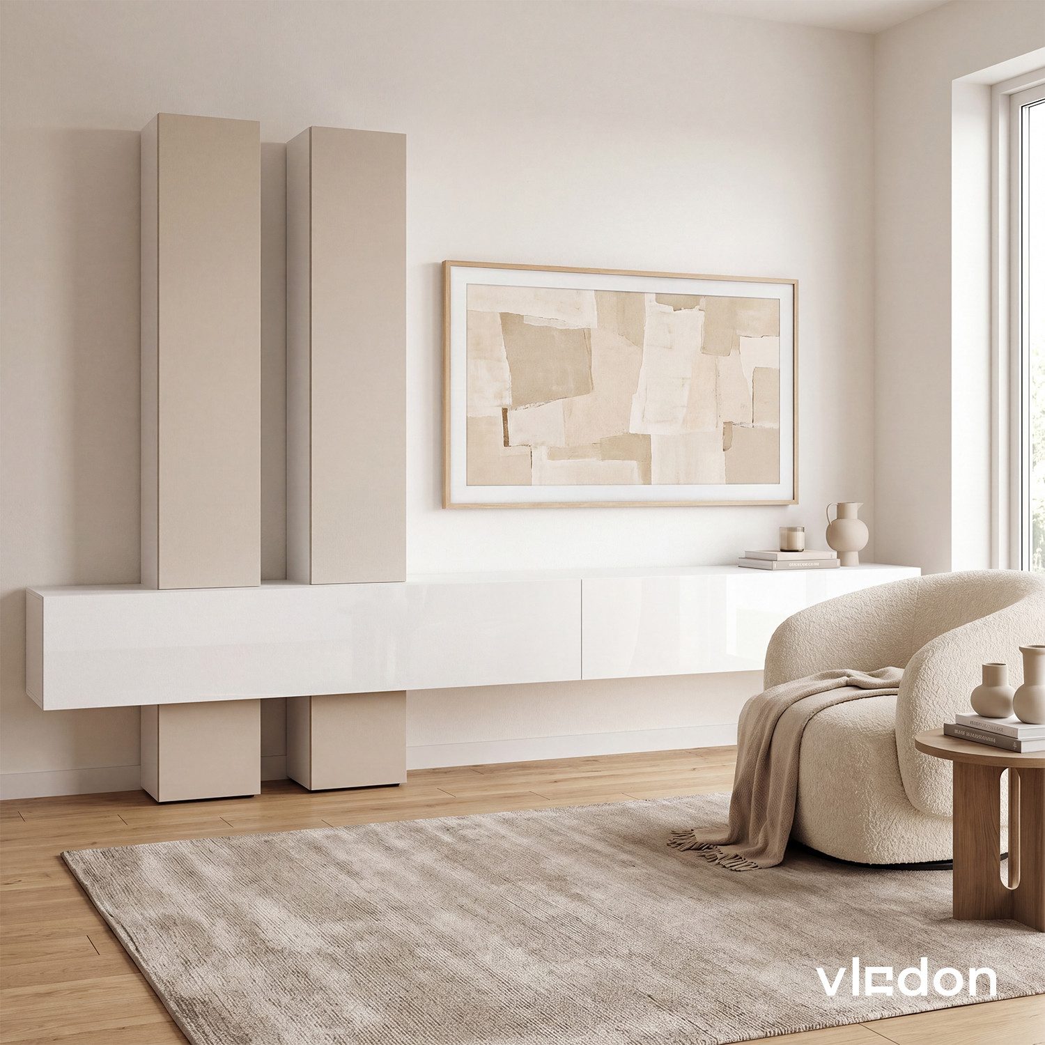 Vladon Wohnwand Moja, (Anbauwand, mit Rückwand mit 4 Türen und 2 Klappen), Weiß / Cashmere (330 x 204 x 39 cm)