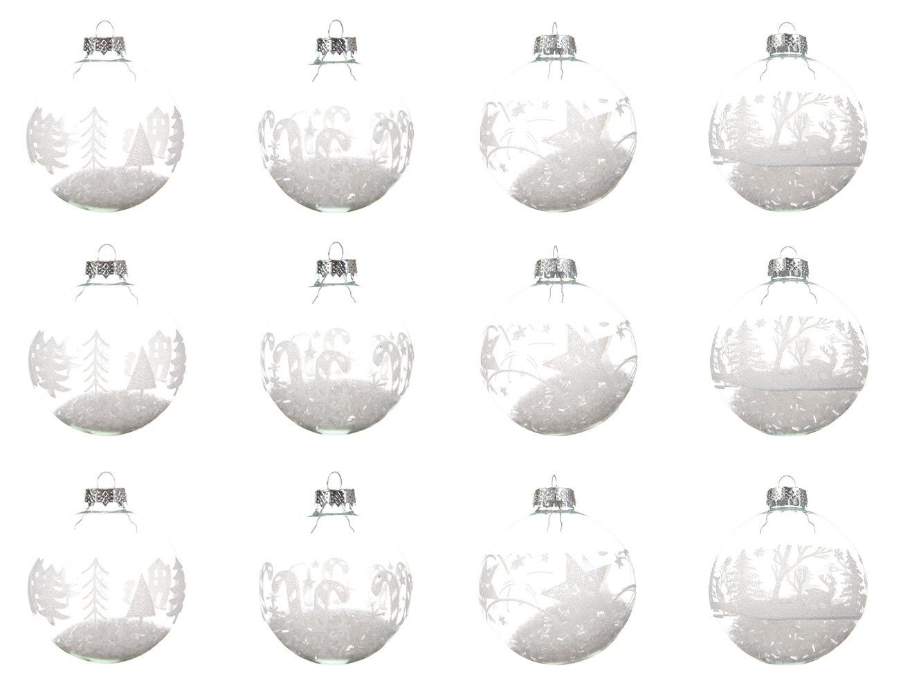 Kaemingk Weihnachtsbaumkugel, Новогодние шары Glas mit Motiv gefüllt 8cm klar / weiß, 12er Set