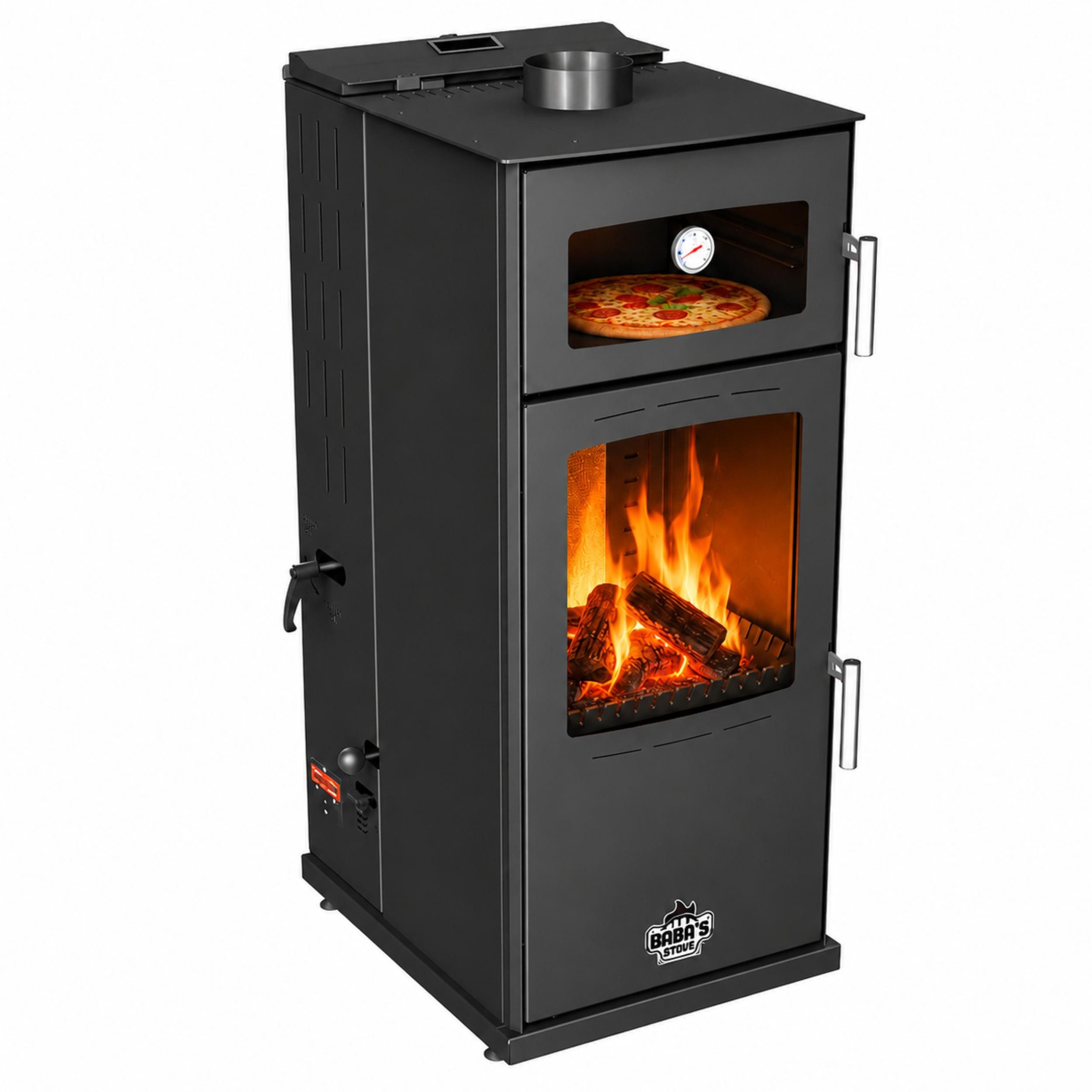 Baba's Kaminofen Gold Hybridofen Pellets und Holz Kombiofen Kaminofen mit Backfach, 12 kW, Dauerbrand, Dauerbrandofen, Schwarz Holzofen Holz Ofen Kamin