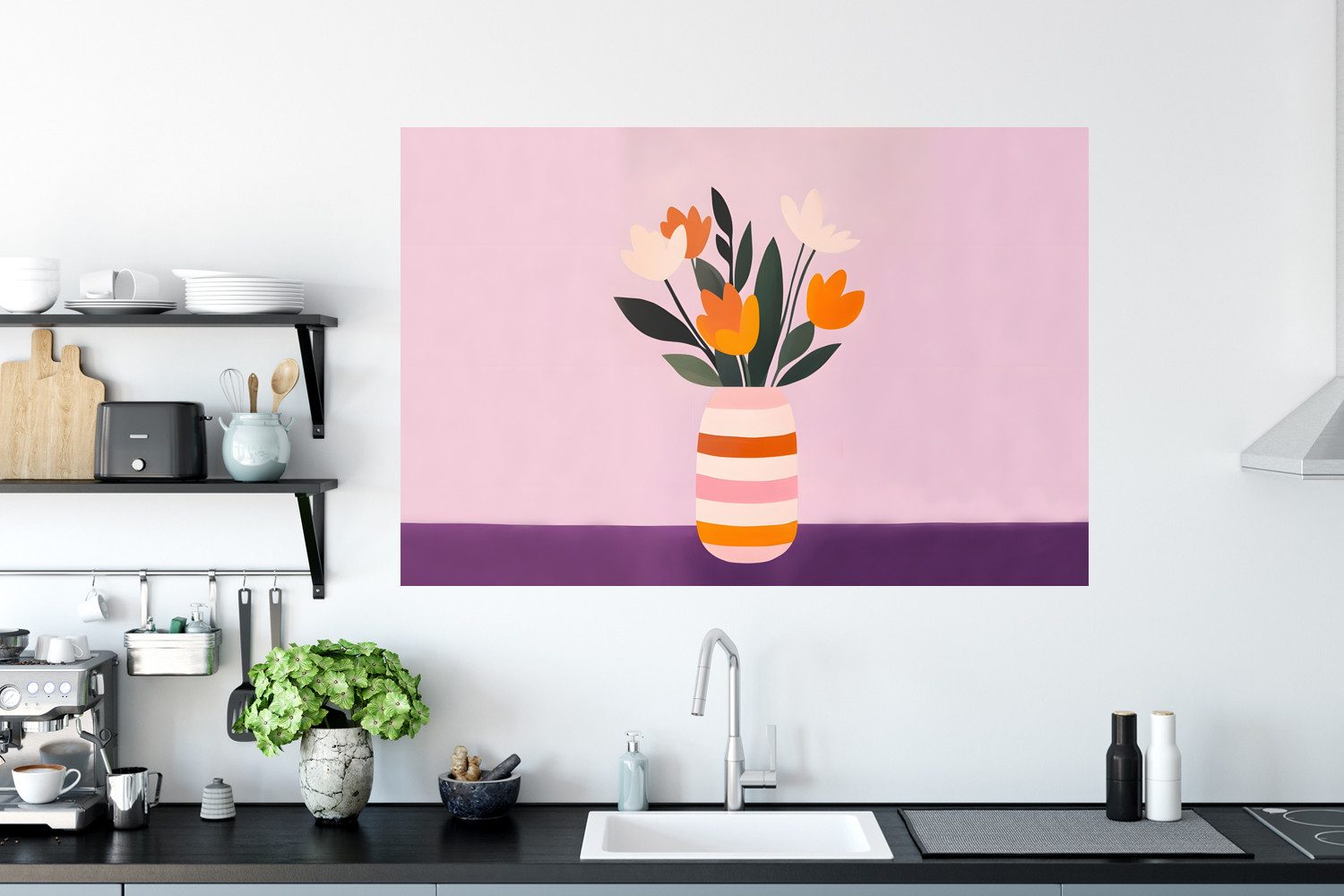 MuchoWow Wandsticker Tulpen - Vase - Streifen - Lila (1 St), Wanddeko, Aufkleber, Wandtattoo, 120x80 cm