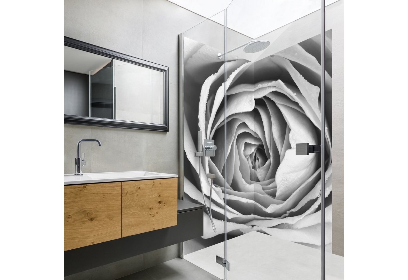 Thumbnail - Bilderdepot24 Duschrückwand Landhaus schwarz weiß Duschrückwand ohne Bohren Dusche, (0,61 mm starke Folie selbstklebend ...