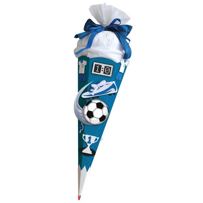 Roth Schultüte Soccer / Fußball 68 cm eckig mit weißem Kreppverschluss Zuckertüte zum Basteln Blau
