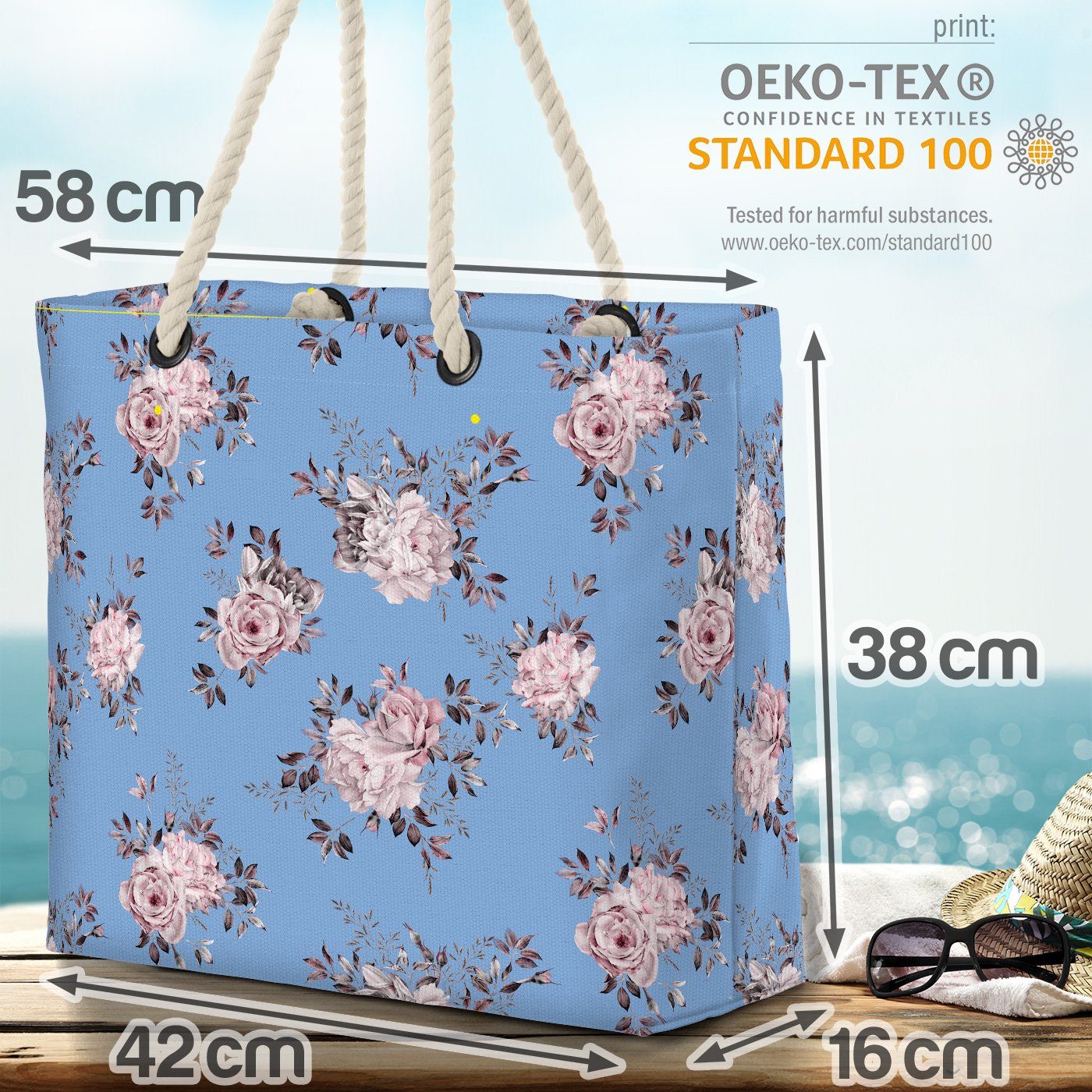 Blumen-Muster VOID romantisch Strandtasche Hellblau (1-tlg), bäuerlich Rose Beach Bag Weisse Pfingsrosen